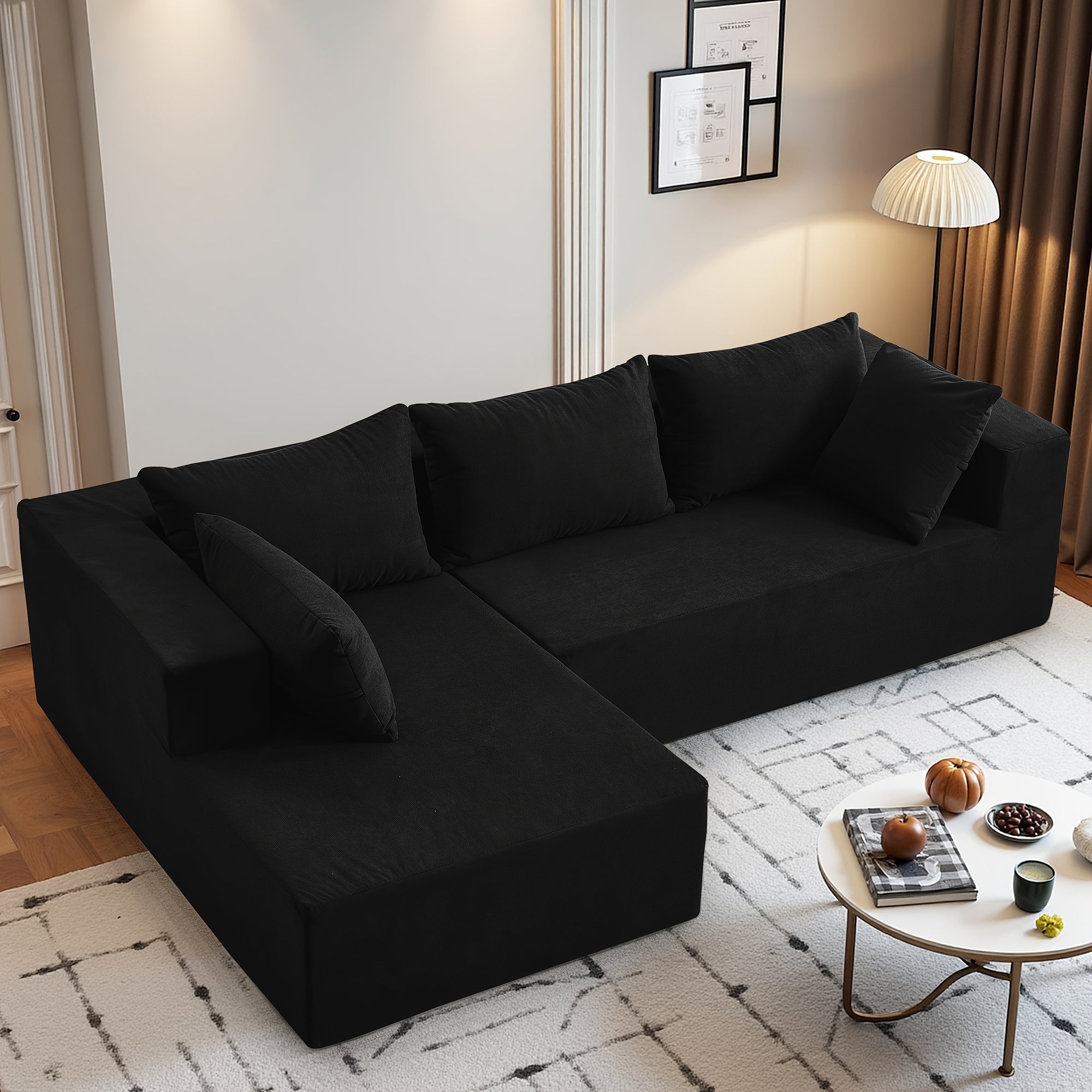 108-inch Living Room Chaise Lounge Sofa, 4 Combination Options, L-shaped Pure Foam Cloud Sofa Bed, Features Deep Seating And Multiple Throw Pillows, No Assembly Required Floor Sofa, Faux Velvet Material, Perfect for The Living Room, Christmas Gift.