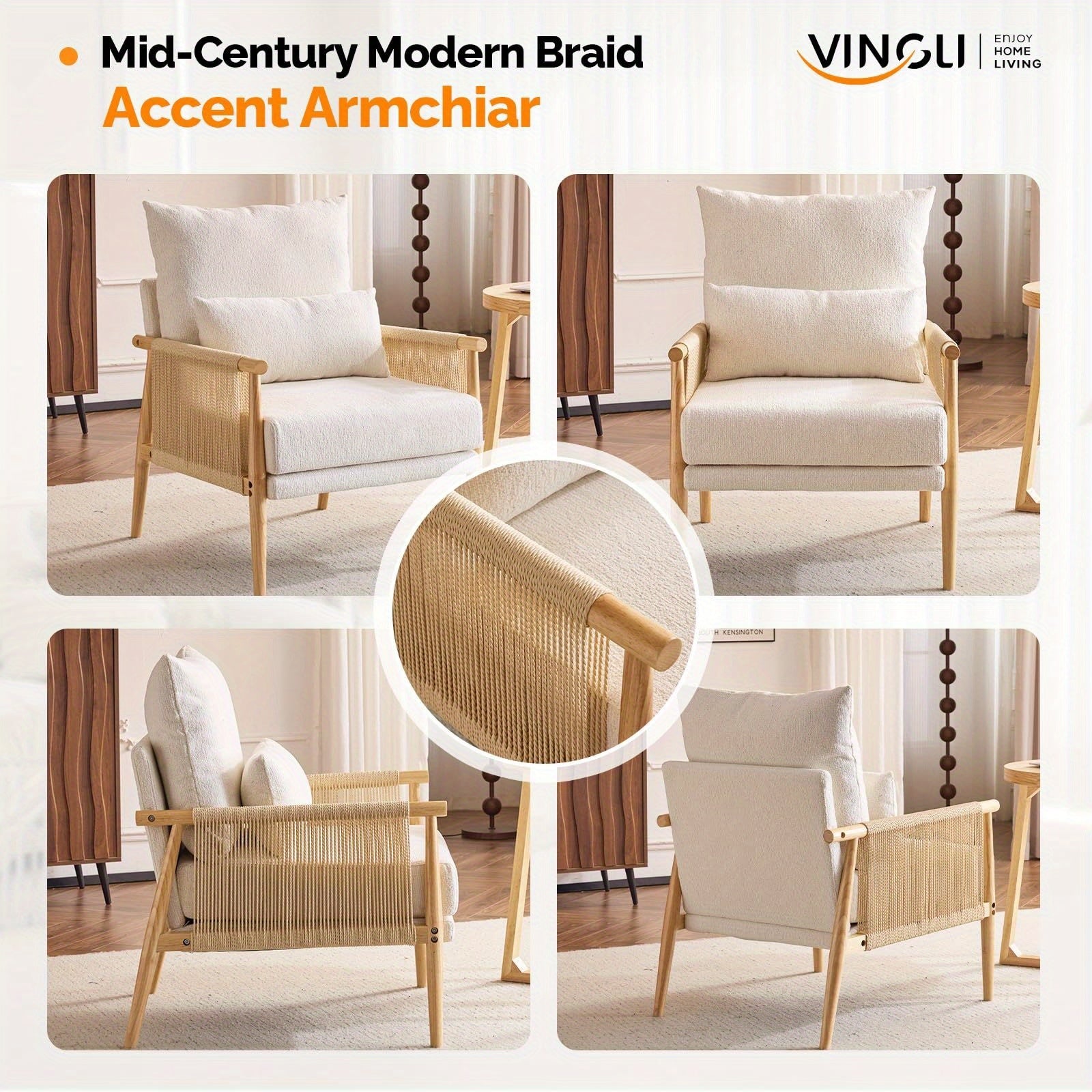 Bonnlo Mid-Century Modern Accent Chair with Solid Wooden Armrests & Waist Pillow - Foam-Padded Chenille Louge Armchair Suitable for, Reading Nook, Compact Spaces - Stylish Comfortable Armchair (No Assembly)