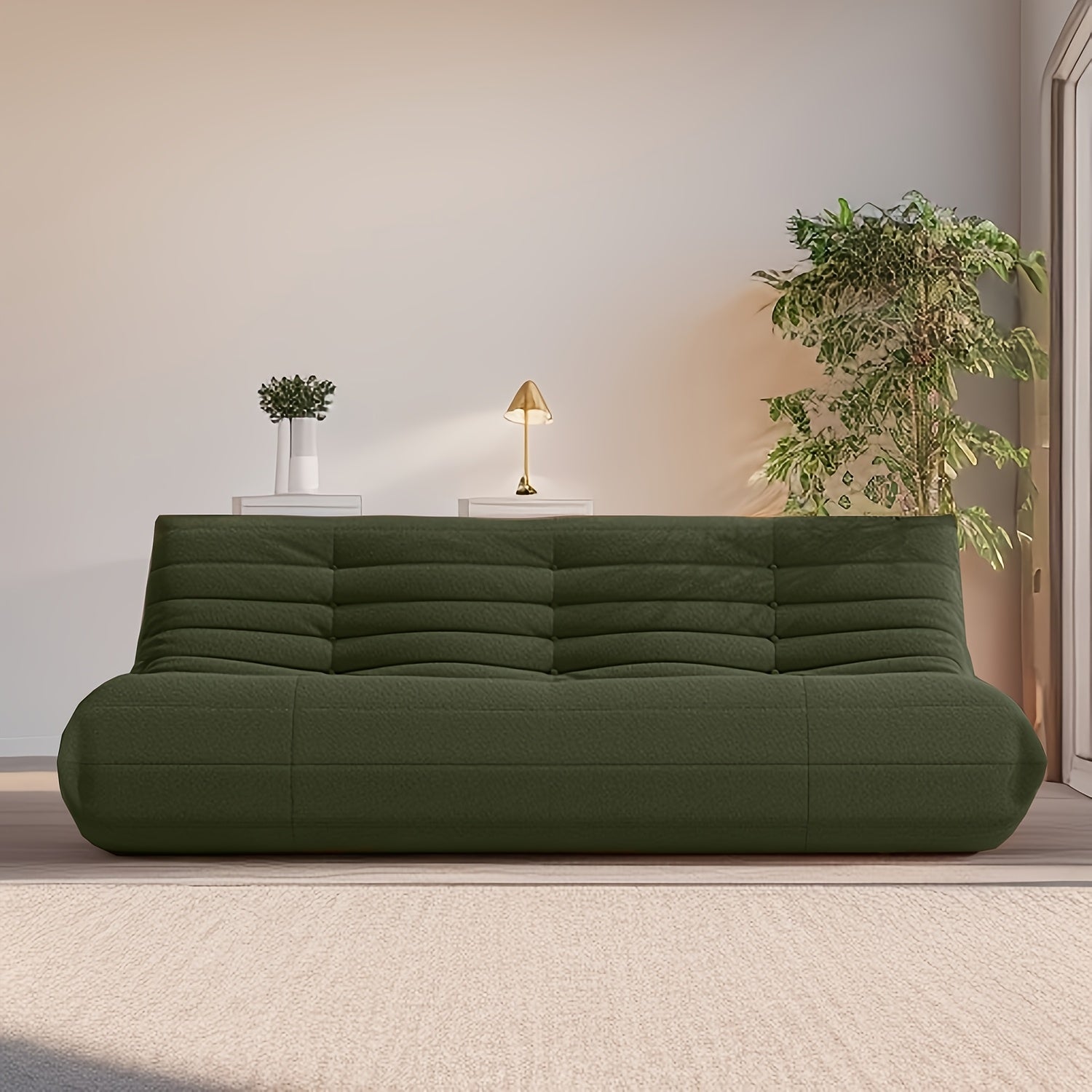 Triple Seat Teddy Fleece Minimalist Living Room Sofa | Tatami Floor, Modular Loveseat, Bedroom Reading Chair, Contemporary Style with Embellishment, Mixed Color