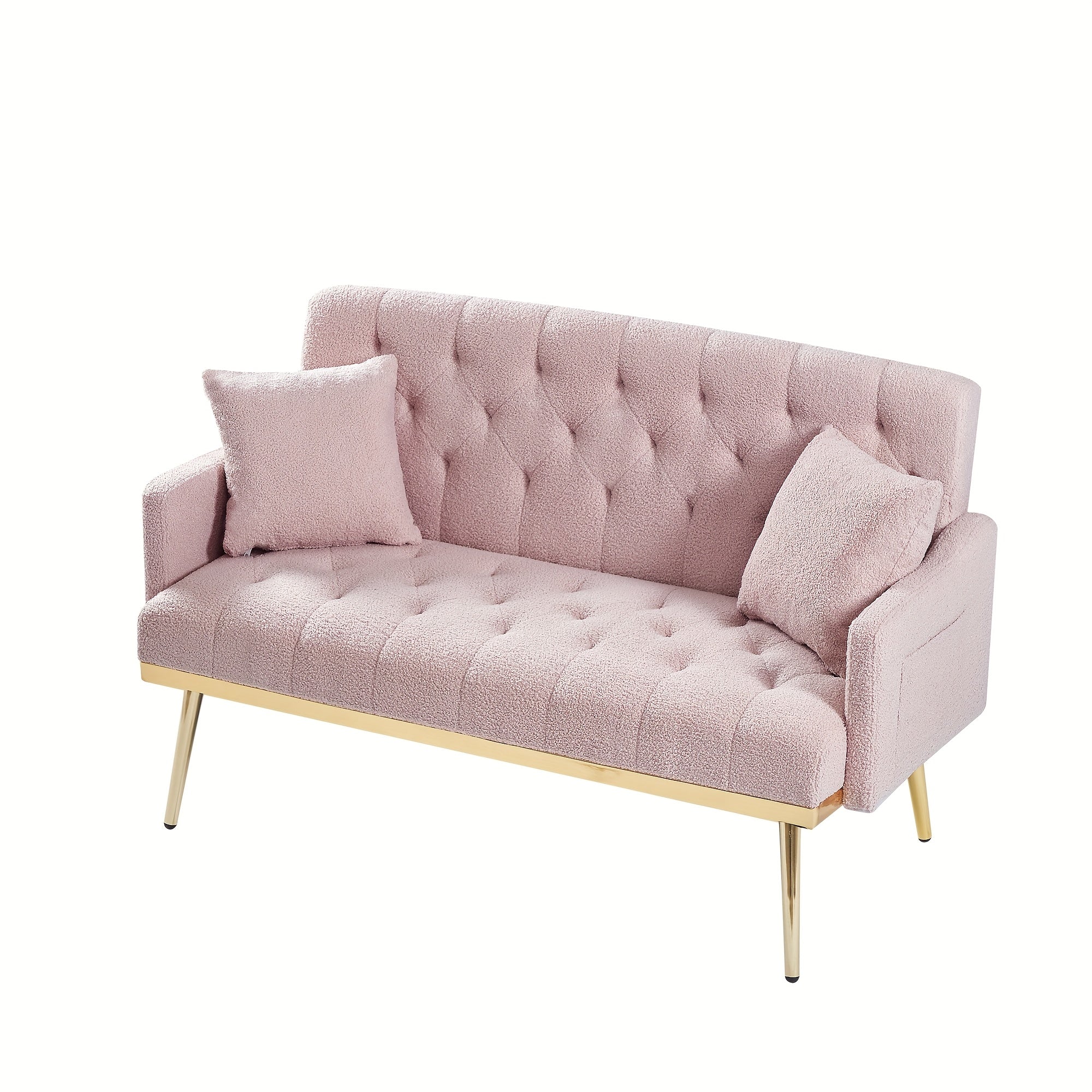 Chic Pink Tufted Loveseat Sofa with Golden Metal Legs & Hardwood Frame - Includes 2 Square Pillows, Side Pockets, and Modern Design for Living Room Comfort, Modern Loveseat | Tufted Upholstery | Decorative Stitching, Sofa for Living Room