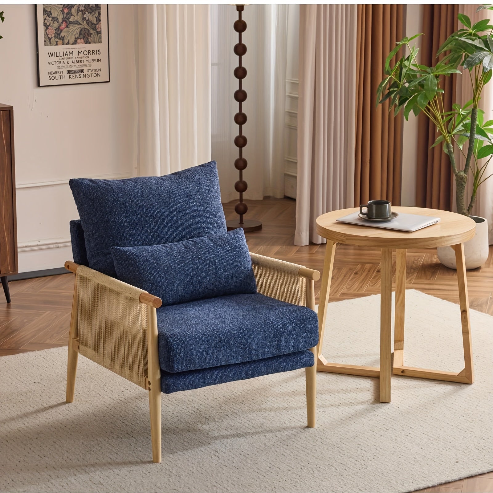 Bonnlo Mid-Century Modern Accent Chair with Solid Wooden Armrests & Waist Pillow - Foam-Padded Chenille Louge Armchair Suitable for, Reading Nook, Compact Spaces - Stylish Comfortable Armchair (No Assembly)