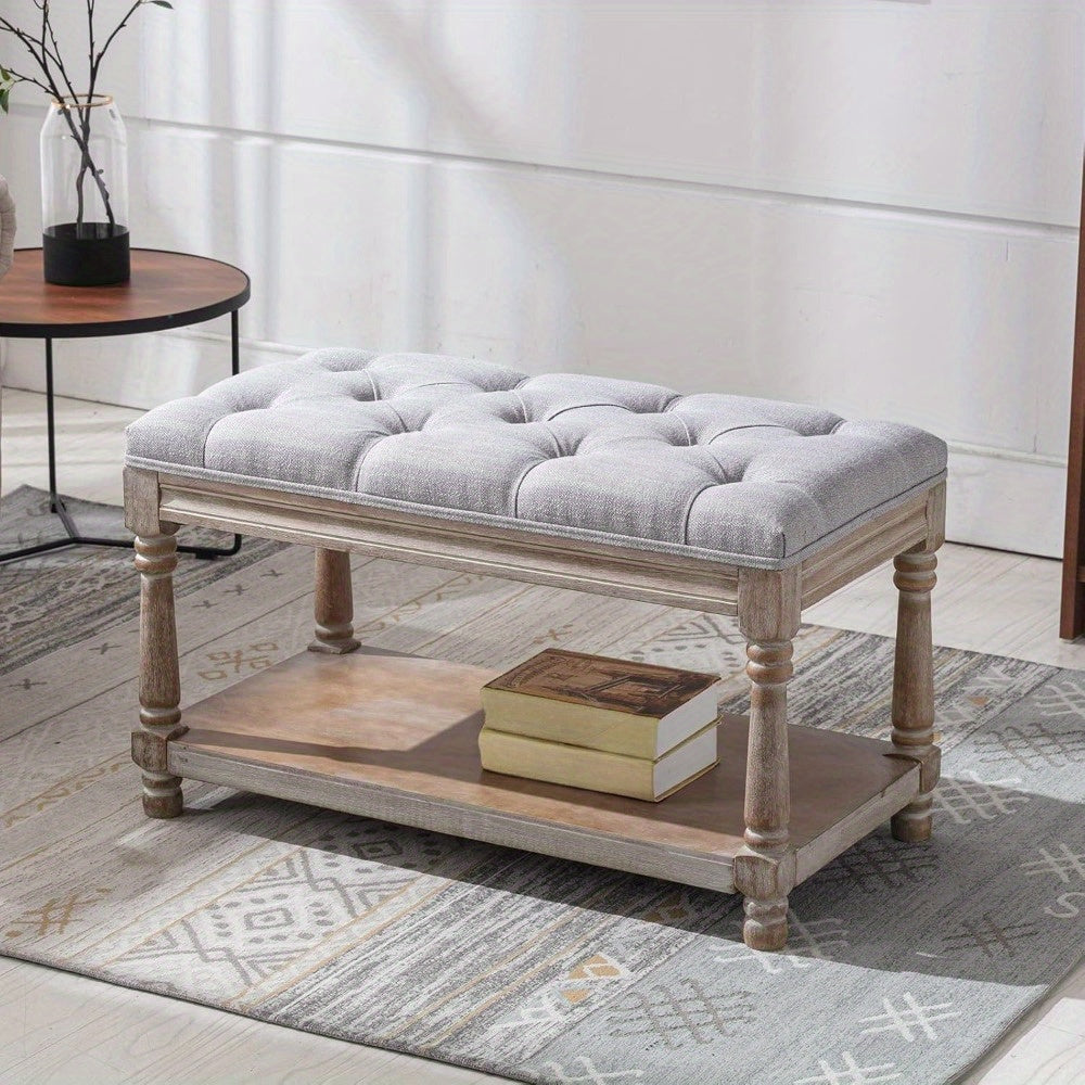 1Pc Farmhouse Plush Storage Linen Fabric Bench with Shelf Entrance, Shoe Changing Footstool, Suitable for Bedroom\u002F living Room, 31.5 Inches Wide