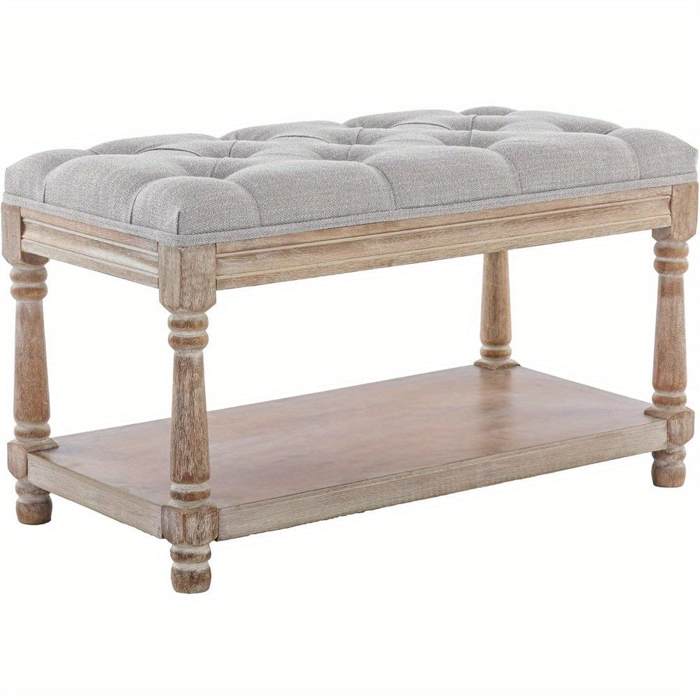 1Pc Farmhouse Plush Storage Linen Fabric Bench with Shelf Entrance, Shoe Changing Footstool, Suitable for Bedroom\u002F living Room, 31.5 Inches Wide