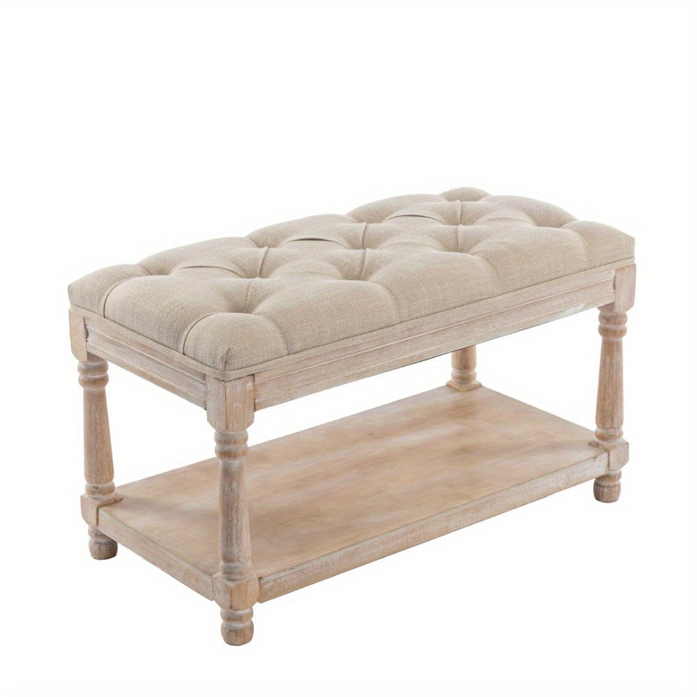 1Pc Farmhouse Plush Storage Linen Fabric Bench with Shelf Entrance, Shoe Changing Footstool, Suitable for Bedroom\u002F living Room, 31.5 Inches Wide