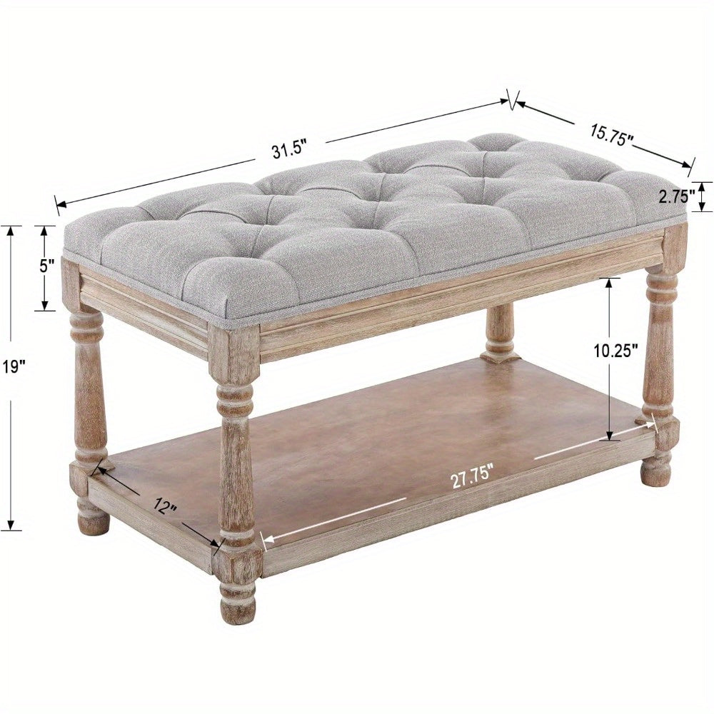 1Pc Farmhouse Plush Storage Linen Fabric Bench with Shelf Entrance, Shoe Changing Footstool, Suitable for Bedroom\u002F living Room, 31.5 Inches Wide