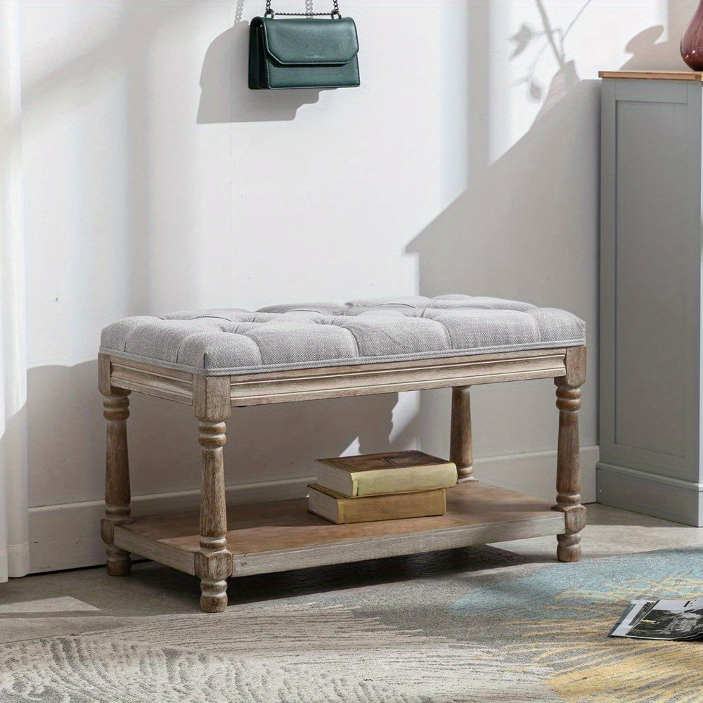 1Pc Farmhouse Plush Storage Linen Fabric Bench with Shelf Entrance, Shoe Changing Footstool, Suitable for Bedroom\u002F living Room, 31.5 Inches Wide