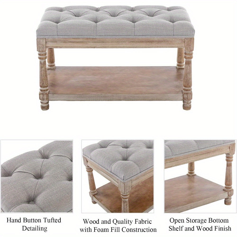 1Pc Farmhouse Plush Storage Linen Fabric Bench with Shelf Entrance, Shoe Changing Footstool, Suitable for Bedroom\u002F living Room, 31.5 Inches Wide