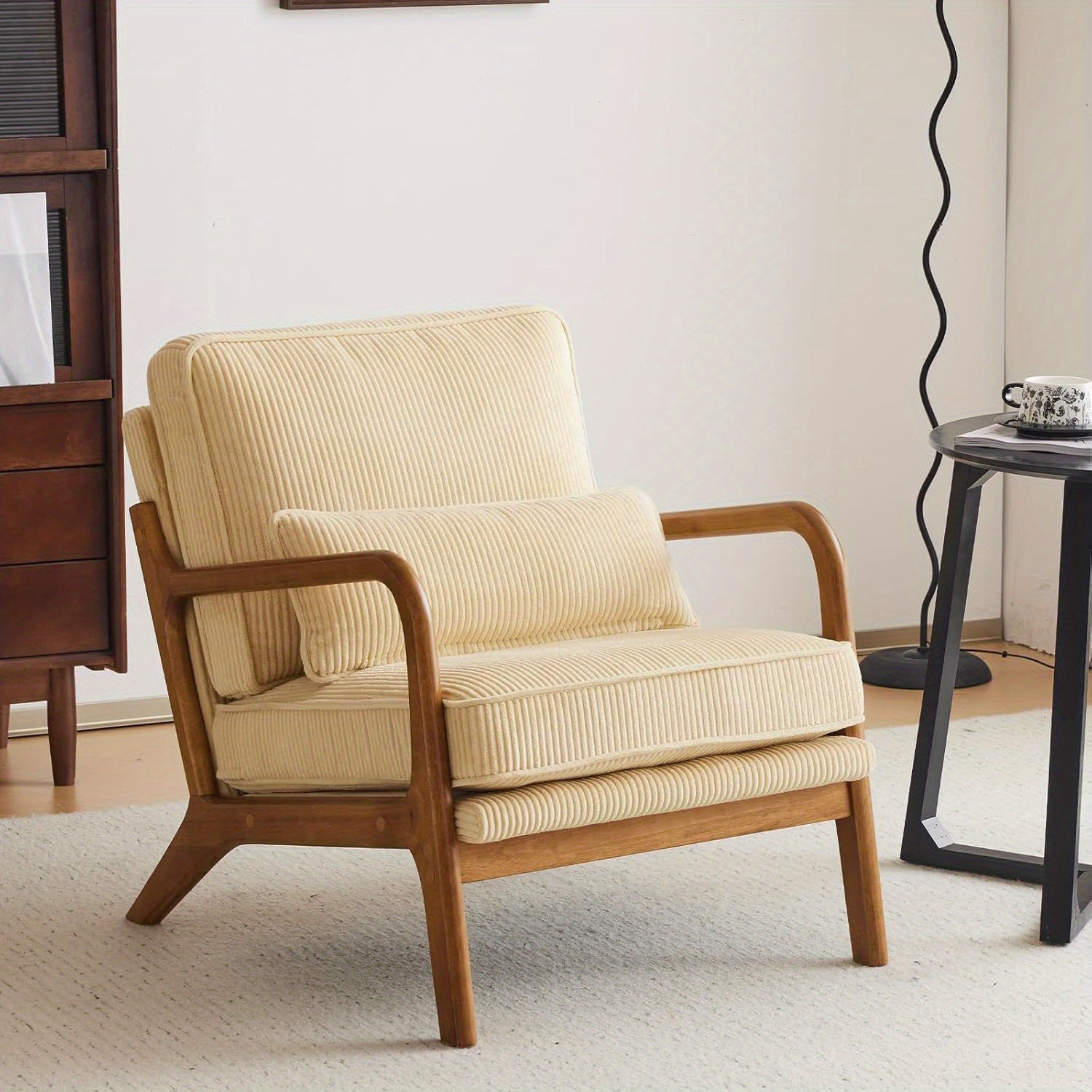 Mid-Century Modern Accent Chair, Living Room Chairs with Pillow Corduroy Upholstered Lounge Armchair with Solid Wood Frame & Soft Cushion for Bedroom, Reading Room, Low Back, 23.62\