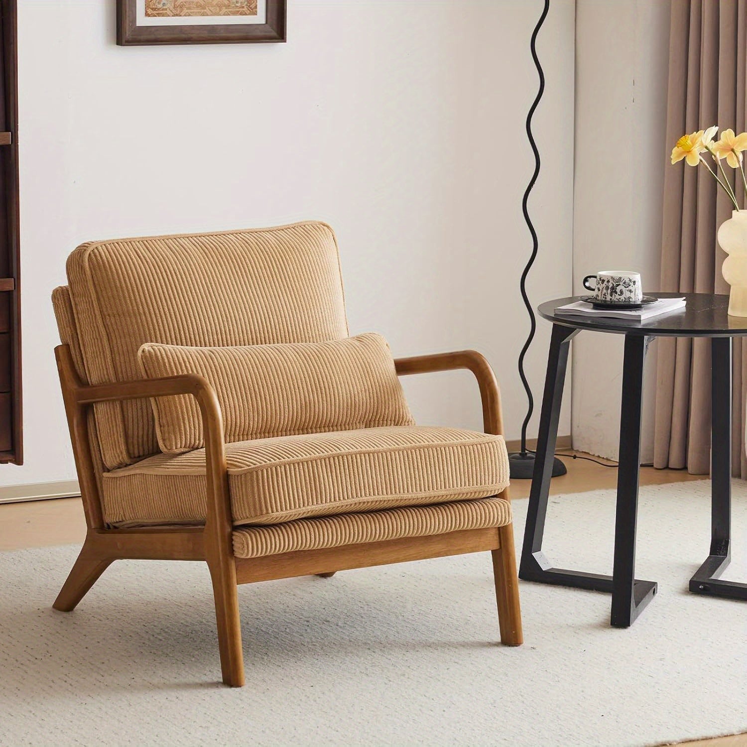 Mid-Century Modern Accent Chair, Living Room Chairs with Pillow Corduroy Upholstered Lounge Armchair with Solid Wood Frame & Soft Cushion for Bedroom, Reading Room, Low Back, 23.62\