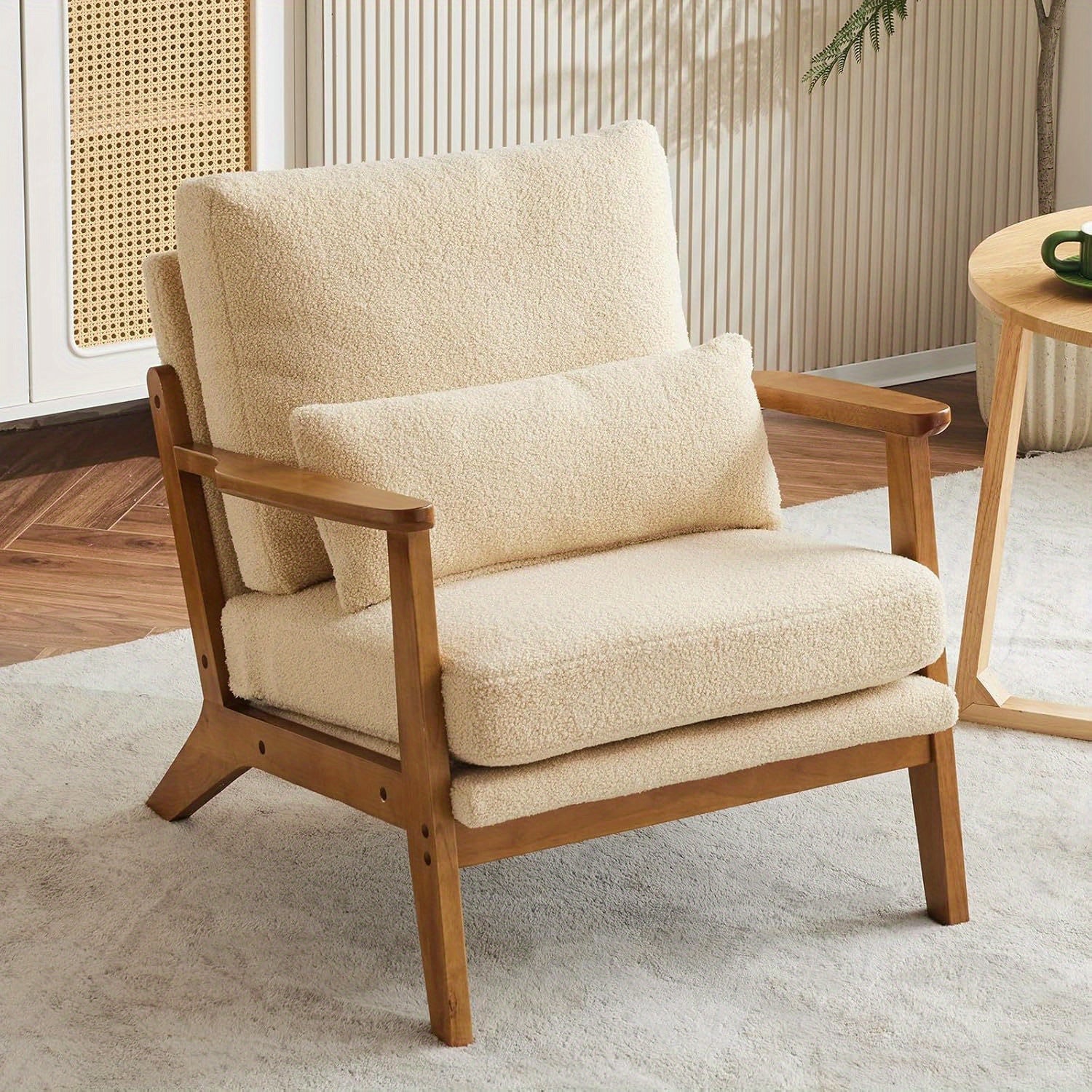 Vintage Lounge Chair Mid-Century Style Vintage Lounge Chair with Lumbar Pillow and Solid Wood Frame - Beige for Living Room, Bedroom, Balcony