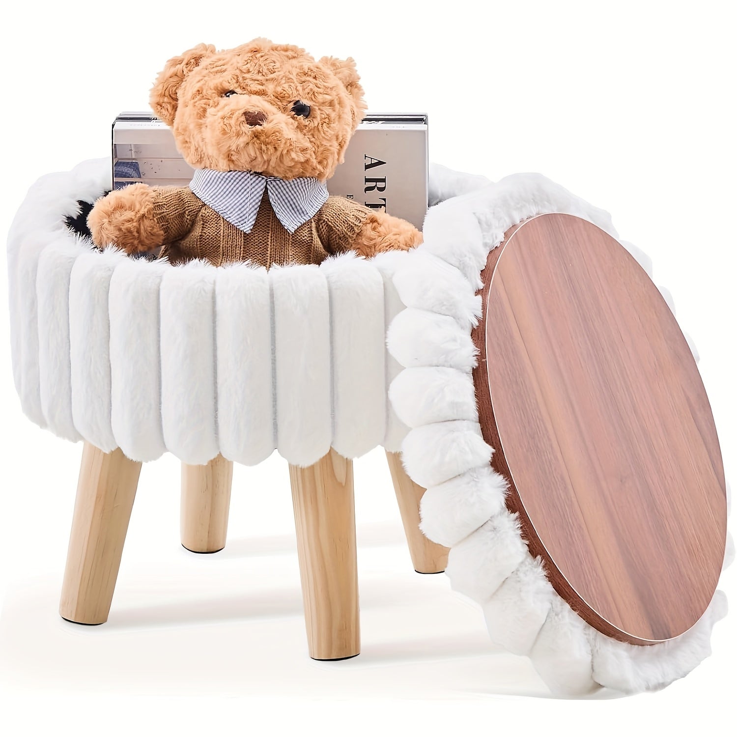 Storage Ottoman, Modern Round with Soft Padded Teddy Velvet Seat & Wood Legs, Multifunctional Footrest Footstool Accent Table or Plant Stand, Suitable for Living Room Hallway Small Spaces, Space-Saving Furniture