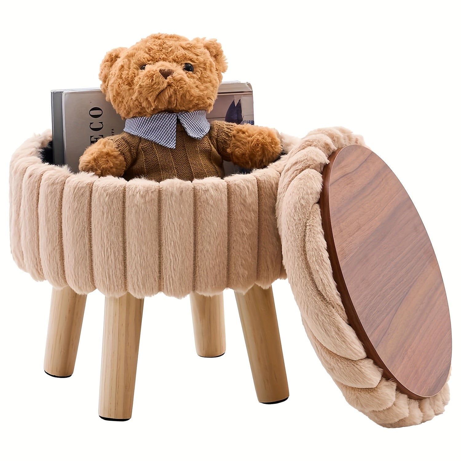 Storage Ottoman, Modern Round with Soft Padded Teddy Velvet Seat & Wood Legs, Multifunctional Footrest Footstool Accent Table or Plant Stand, Suitable for Living Room Hallway Small Spaces, Space-Saving Furniture