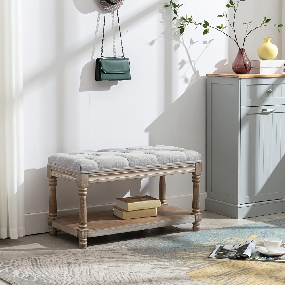 1Pc Farmhouse Plush Storage Linen Fabric Bench with Shelf Entrance, Shoe Changing Footstool, Suitable for Bedroom\u002F living Room, 31.5 Inches Wide