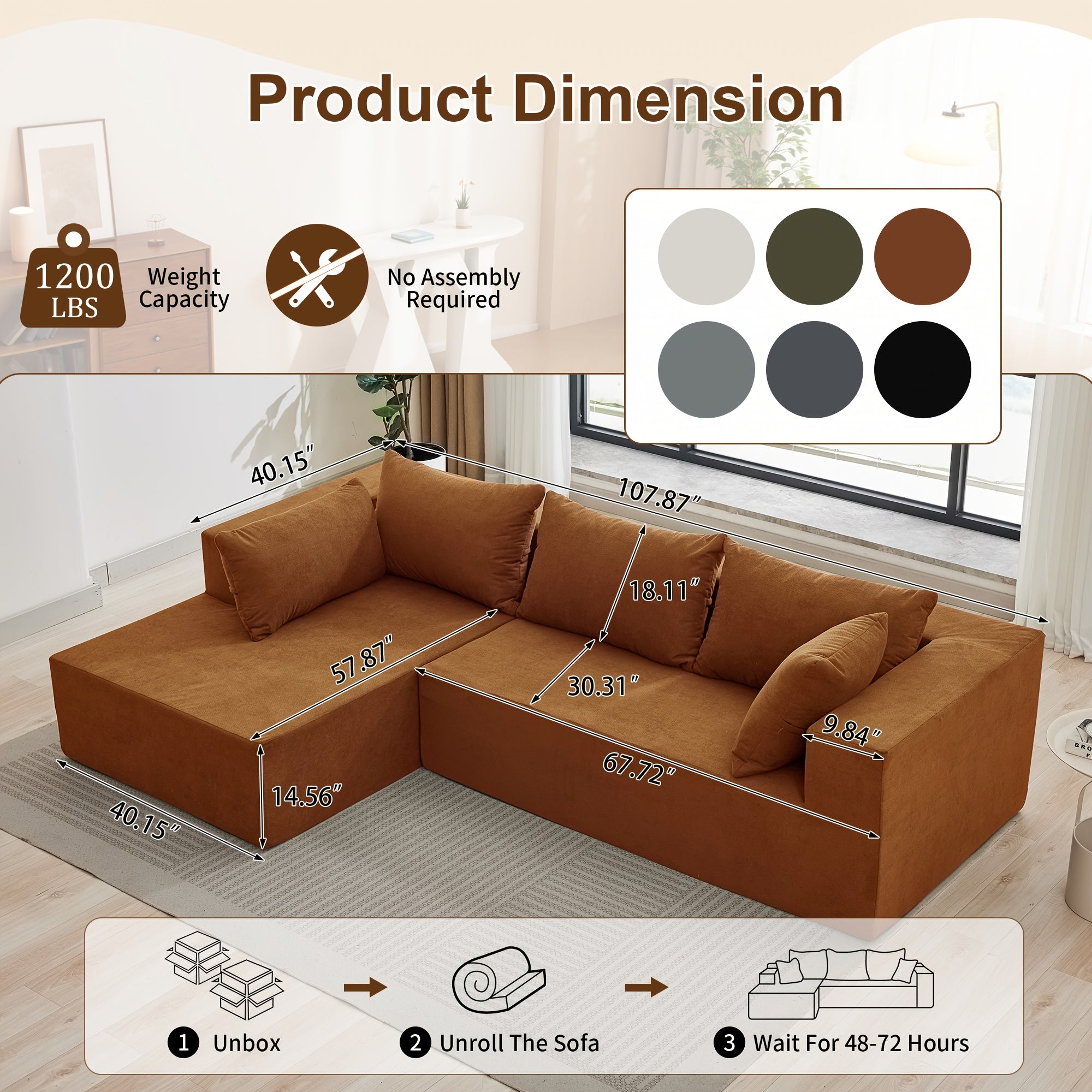 108-inch Living Room Chaise Lounge Sofa, 4 Combination Options, L-shaped Pure Foam Cloud Sofa Bed, Features Deep Seating And Multiple Throw Pillows, No Assembly Required Floor Sofa, Faux Velvet Material, Perfect for The Living Room, Christmas Gift.