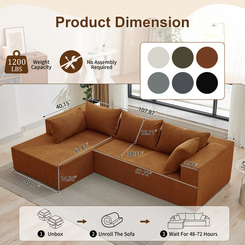 108-inch Living Room Chaise Lounge Sofa, 4 Combination Options, L-shaped Pure Foam Cloud Sofa Bed, Features Deep Seating And Multiple Throw Pillows, No Assembly Required Floor Sofa, Faux Velvet Material, Perfect for The Living Room, Christmas Gift.