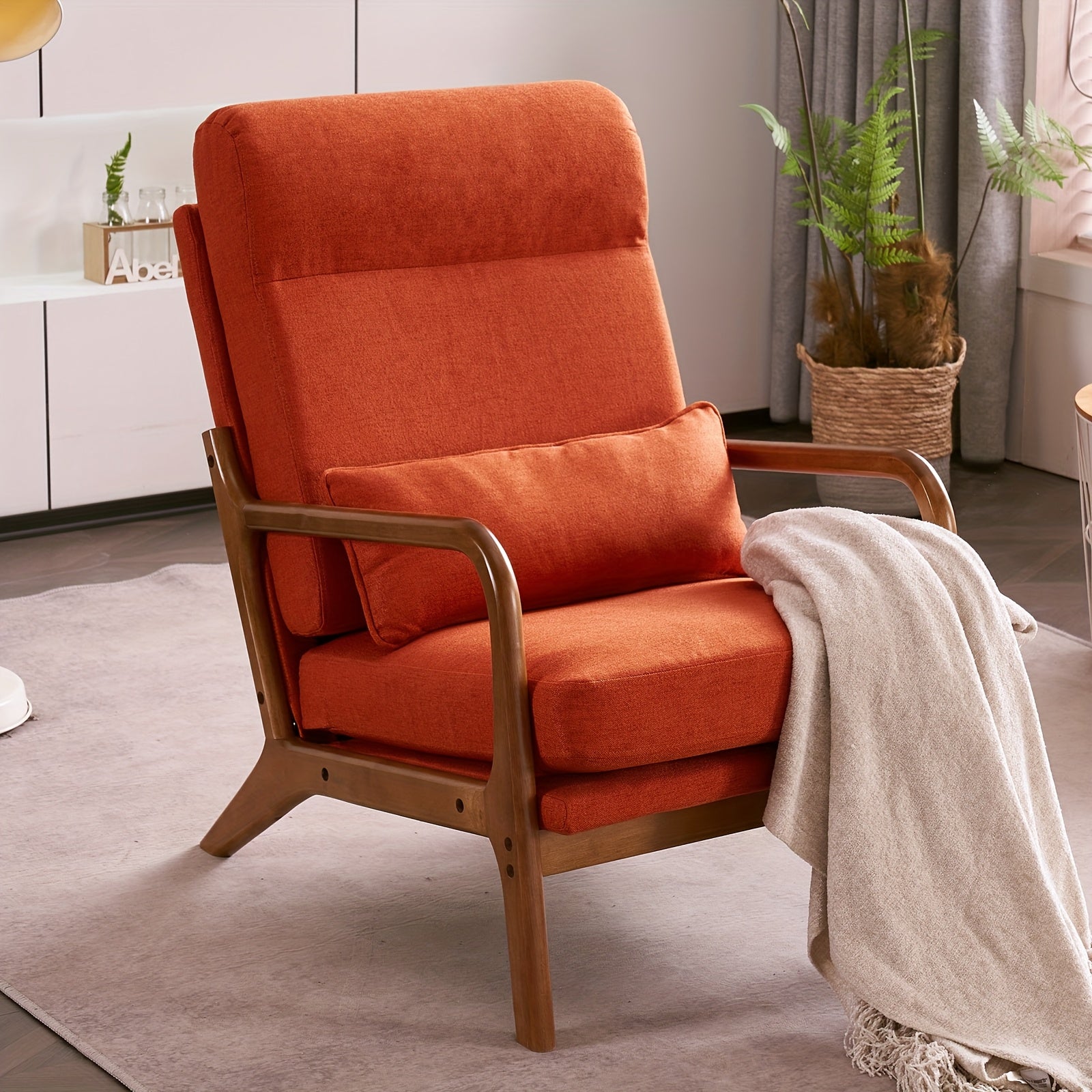 High Back Mid Century Modern Accent Chair, Soild Wood Padding Lounge Armchairs Side Sitting Chairs For Living Room, Bedroom