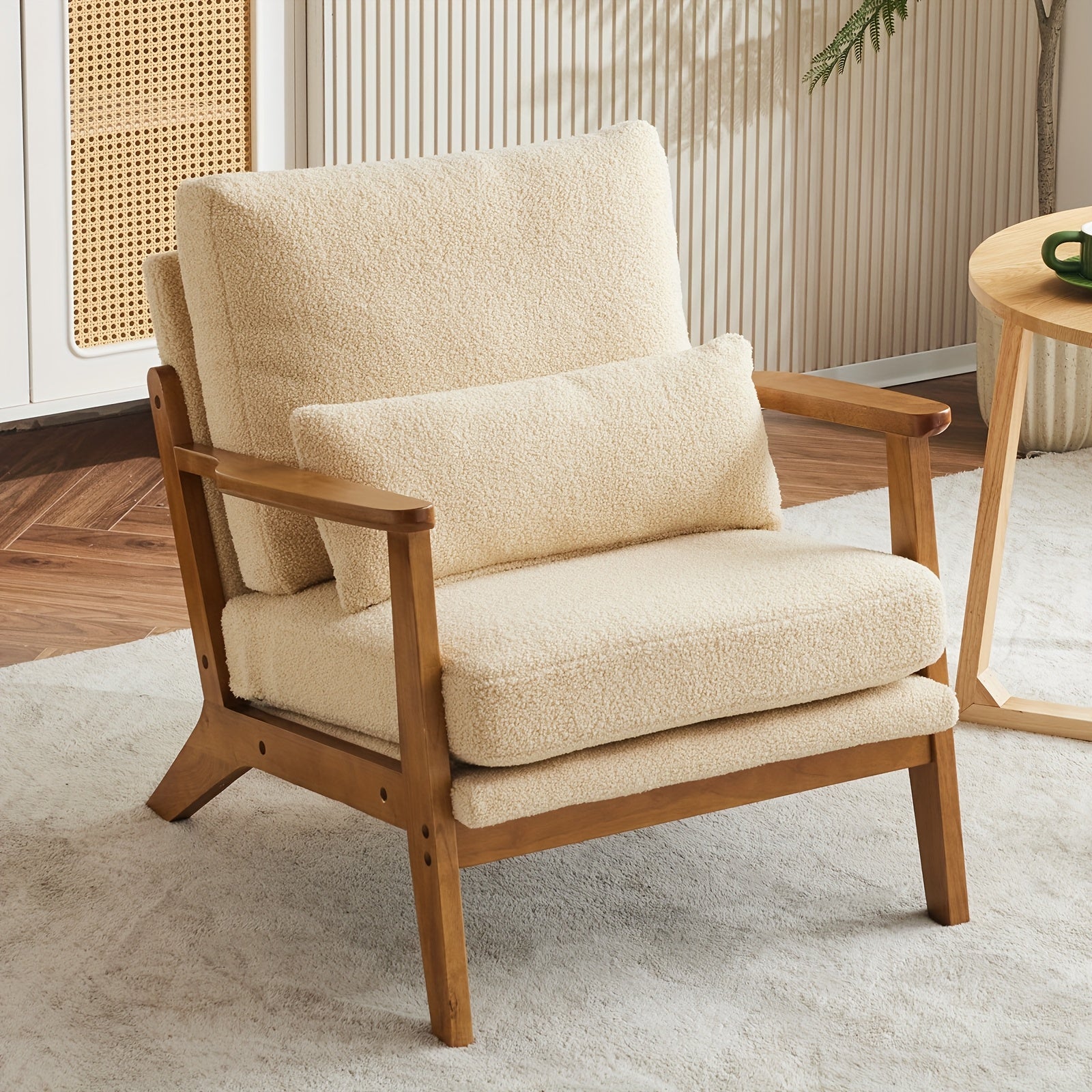 Bonnlo Wide Armrests Accent Chair, Mid Century Modern Chair with Pillow, Comfy Upholstered Chair Farmhouse Arm Chair