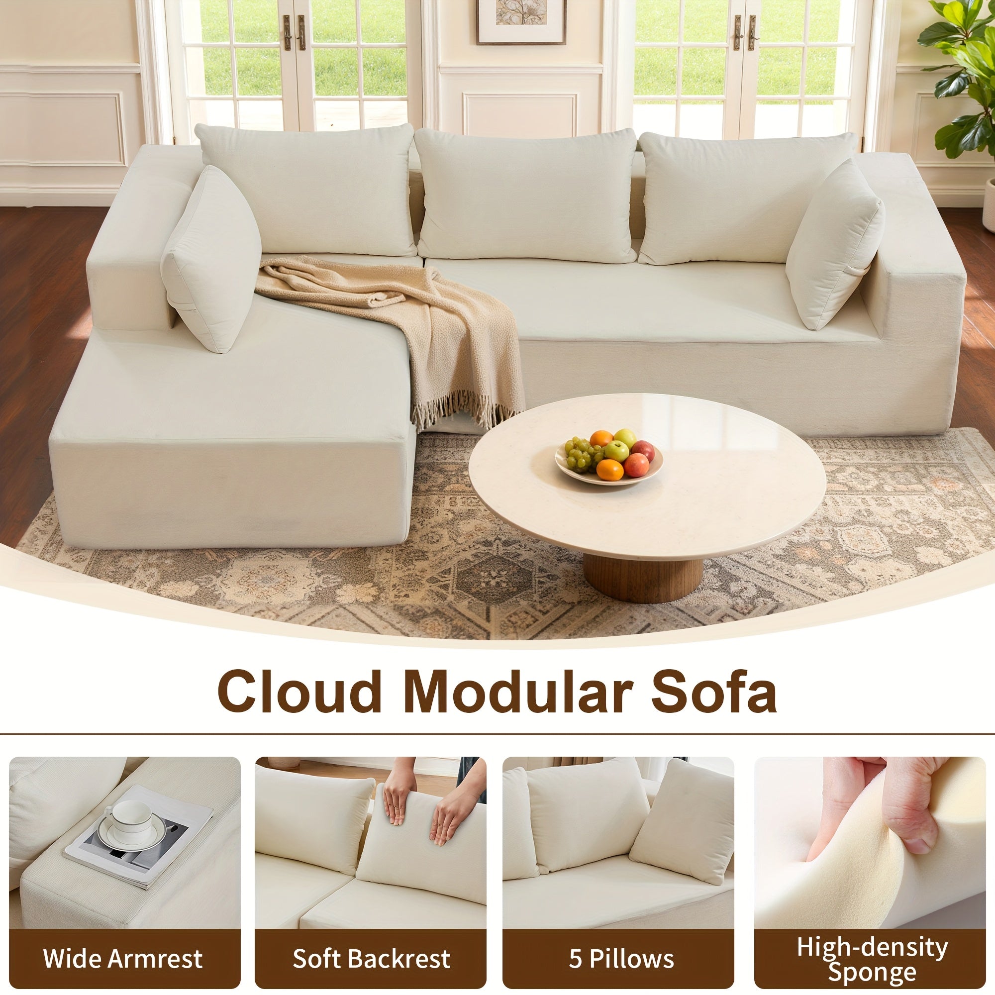 108-inch Living Room Chaise Lounge Sofa, 4 Combination Options, L-shaped Pure Foam Cloud Sofa Bed, Features Deep Seating And Multiple Throw Pillows, No Assembly Required Floor Sofa, Faux Velvet Material, Perfect for The Living Room, Christmas Gift.