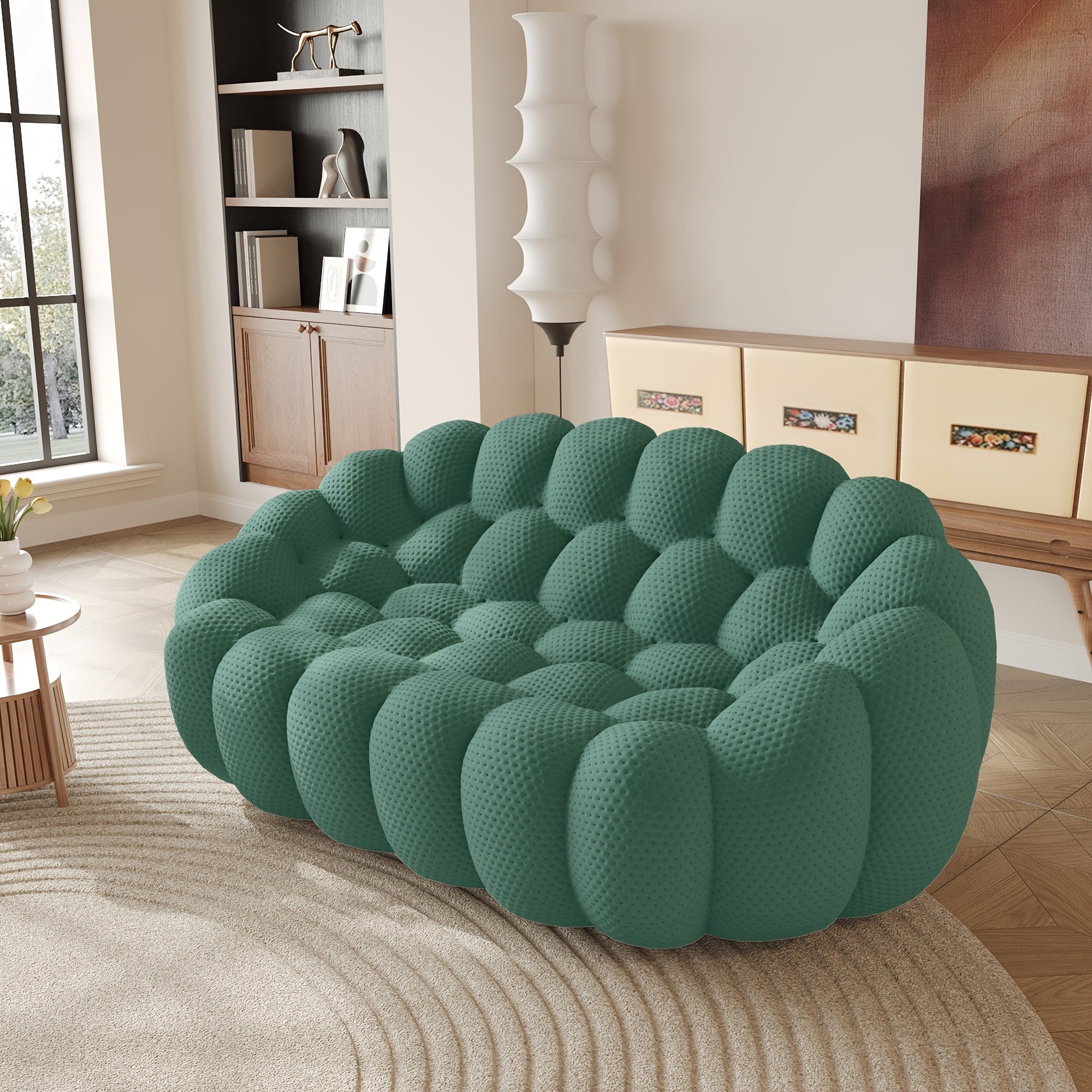 98'' Modern Upholstered Curved Sofa, 3 Seater Mesh Fabric Floor Sofa, 3D Honeycomb Shape Curved Couch for Living Room