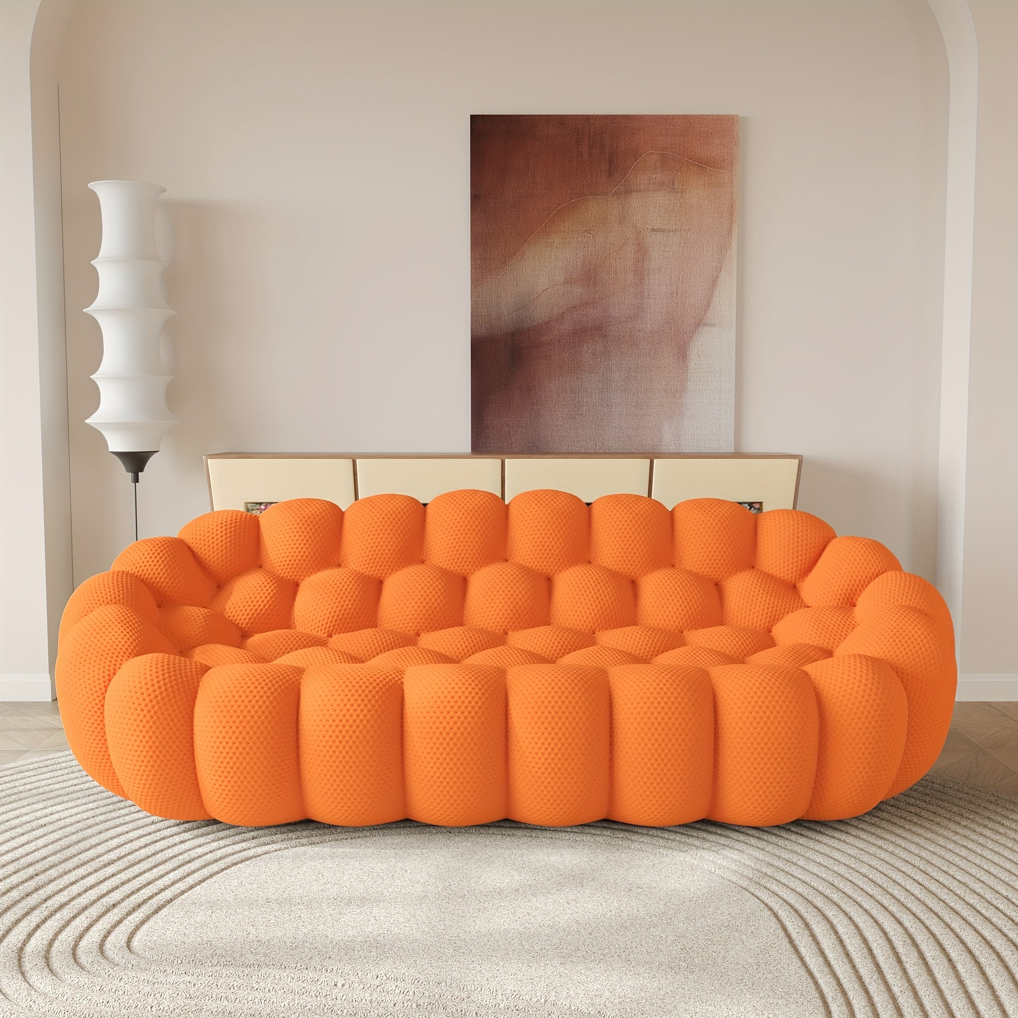 98'' Modern Upholstered Curved Sofa, 3 Seater Mesh Fabric Floor Sofa, 3D Honeycomb Shape Curved Couch for Living Room