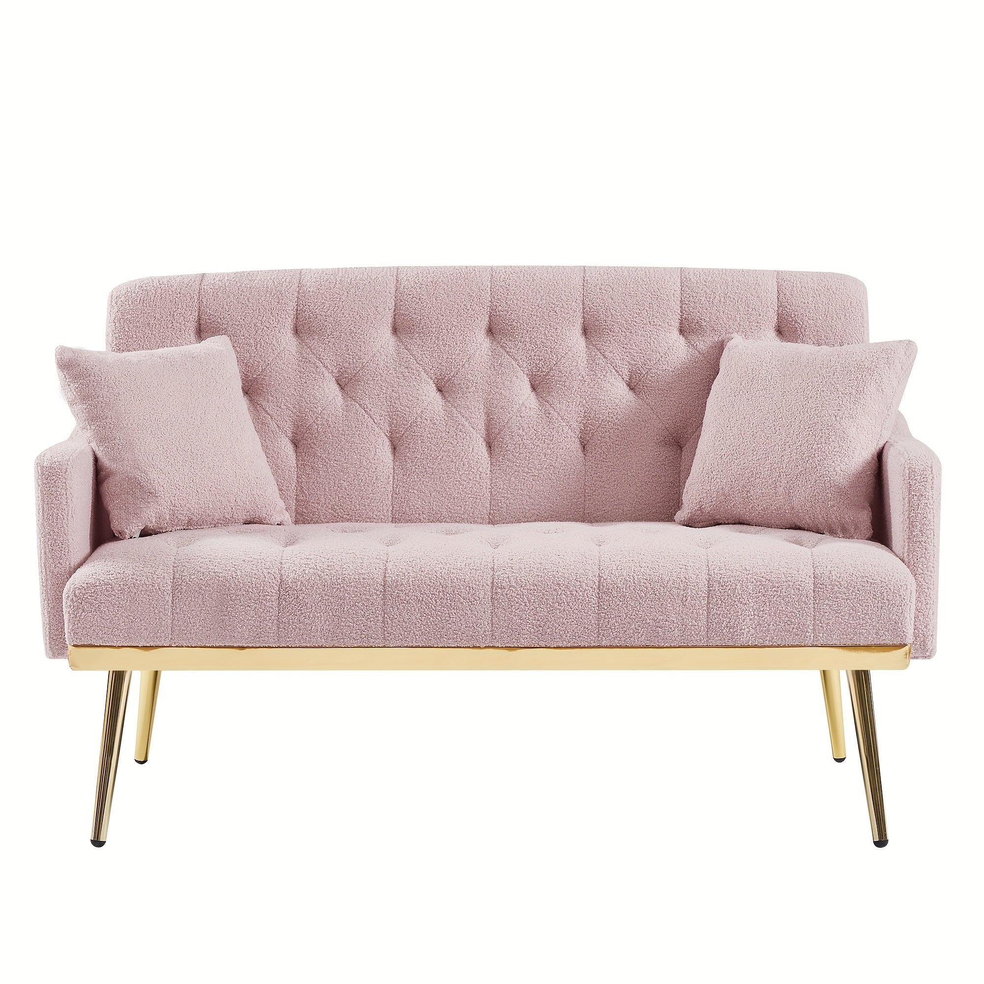 Chic Pink Tufted Loveseat Sofa with Golden Metal Legs & Hardwood Frame - Includes 2 Square Pillows, Side Pockets, and Modern Design for Living Room Comfort, Modern Loveseat | Tufted Upholstery | Decorative Stitching, Sofa for Living Room