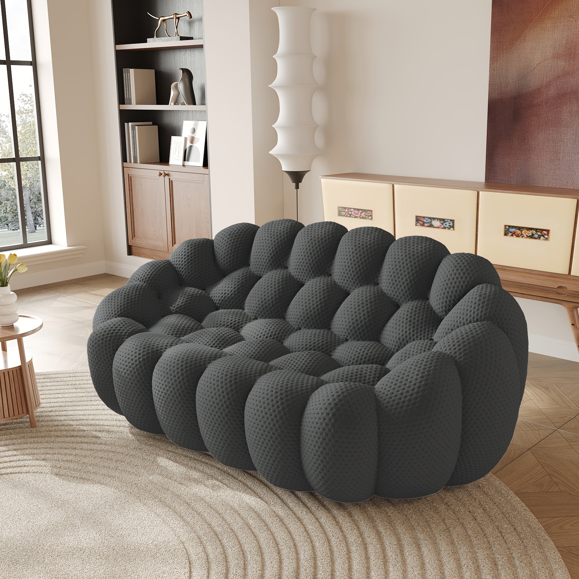 98'' Modern Upholstered Curved Sofa, 3 Seater Mesh Fabric Floor Sofa, 3D Honeycomb Shape Curved Couch for Living Room