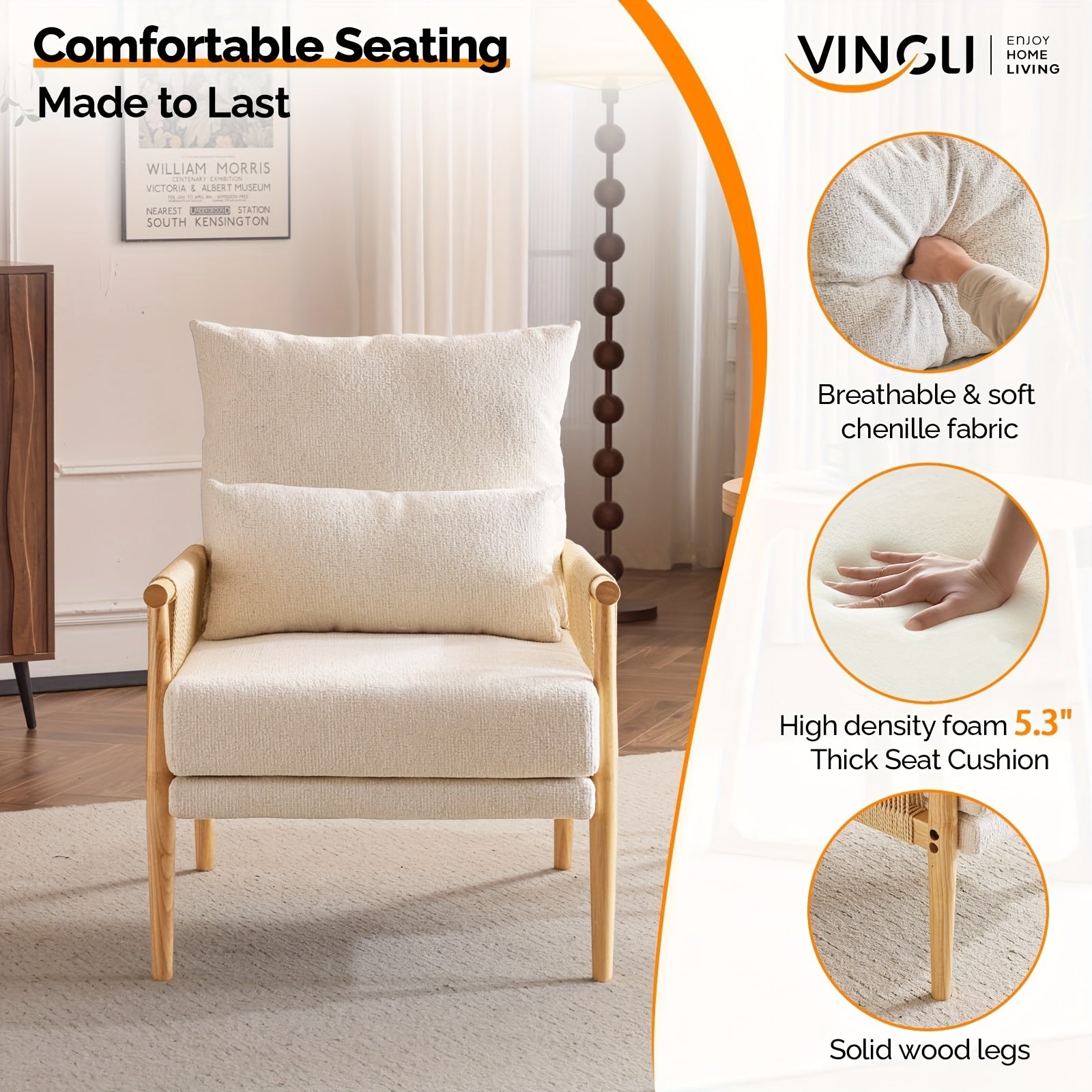 Bonnlo Mid-Century Modern Accent Chair with Solid Wooden Armrests & Waist Pillow - Foam-Padded Chenille Louge Armchair Suitable for, Reading Nook, Compact Spaces - Stylish Comfortable Armchair (No Assembly)