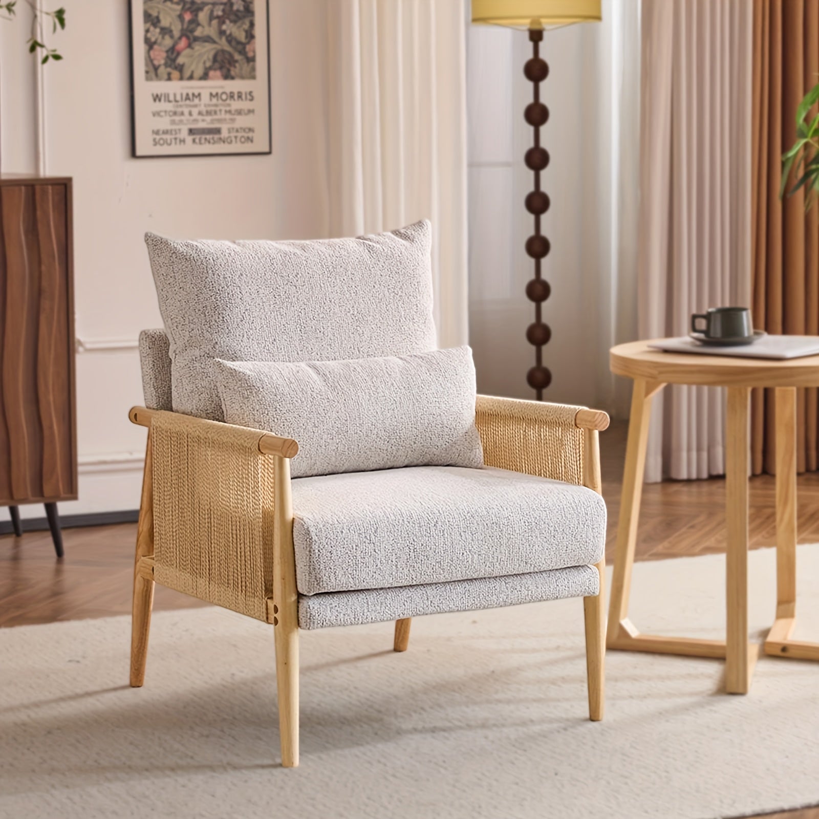 Bonnlo Mid-Century Modern Accent Chair with Solid Wooden Armrests & Waist Pillow - Foam-Padded Chenille Louge Armchair Suitable for, Reading Nook, Compact Spaces - Stylish Comfortable Armchair (No Assembly)
