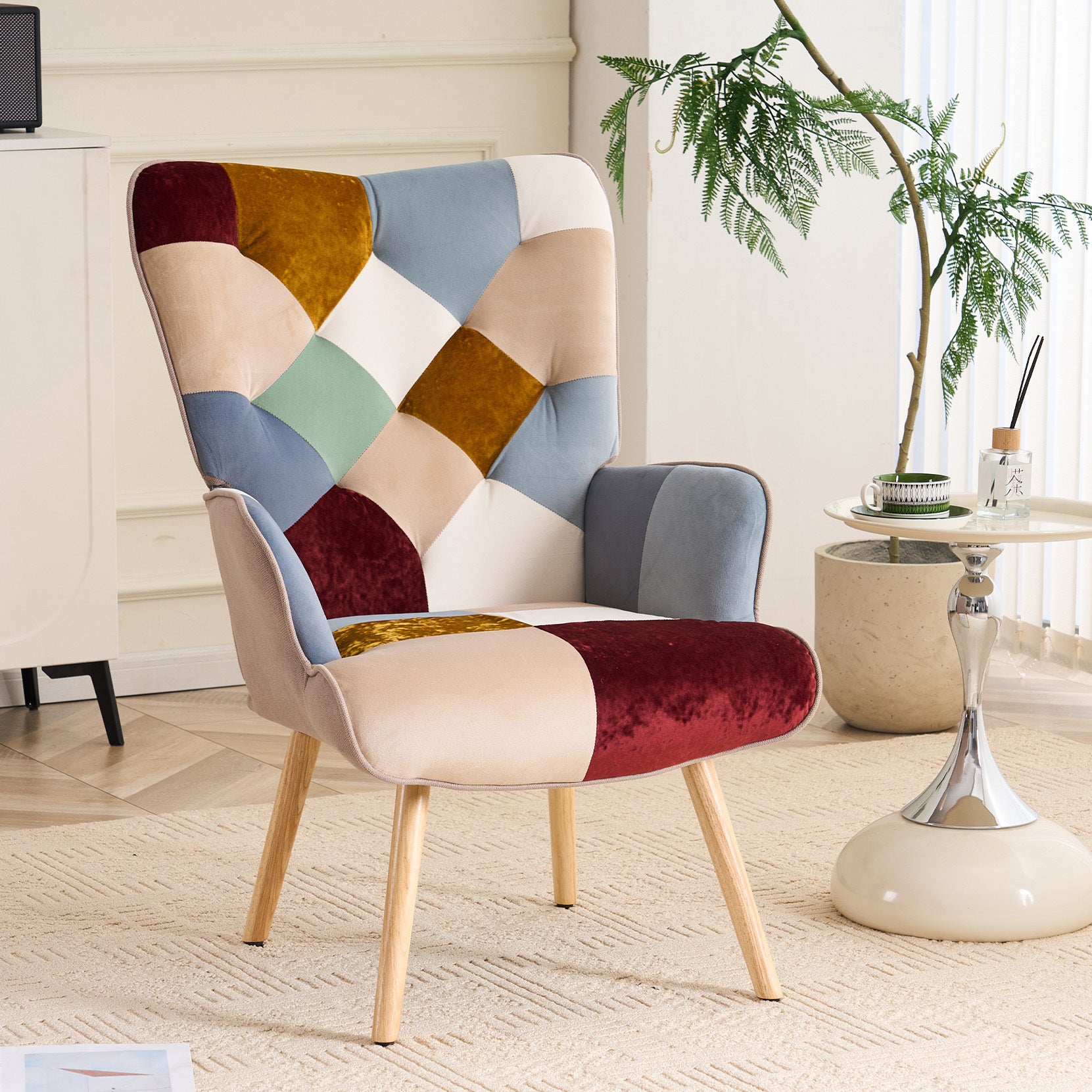 330lb Capacity Colorful Patchwork Modern Accent Chair - High Back Armchair with Memory Foam Cushion & Hardwood Legs, Linen Living Room, Bedroom, Home Office Chair - Easy Assembly, Neutral & Accent Colors - for Living Room, Reading Nook Decor