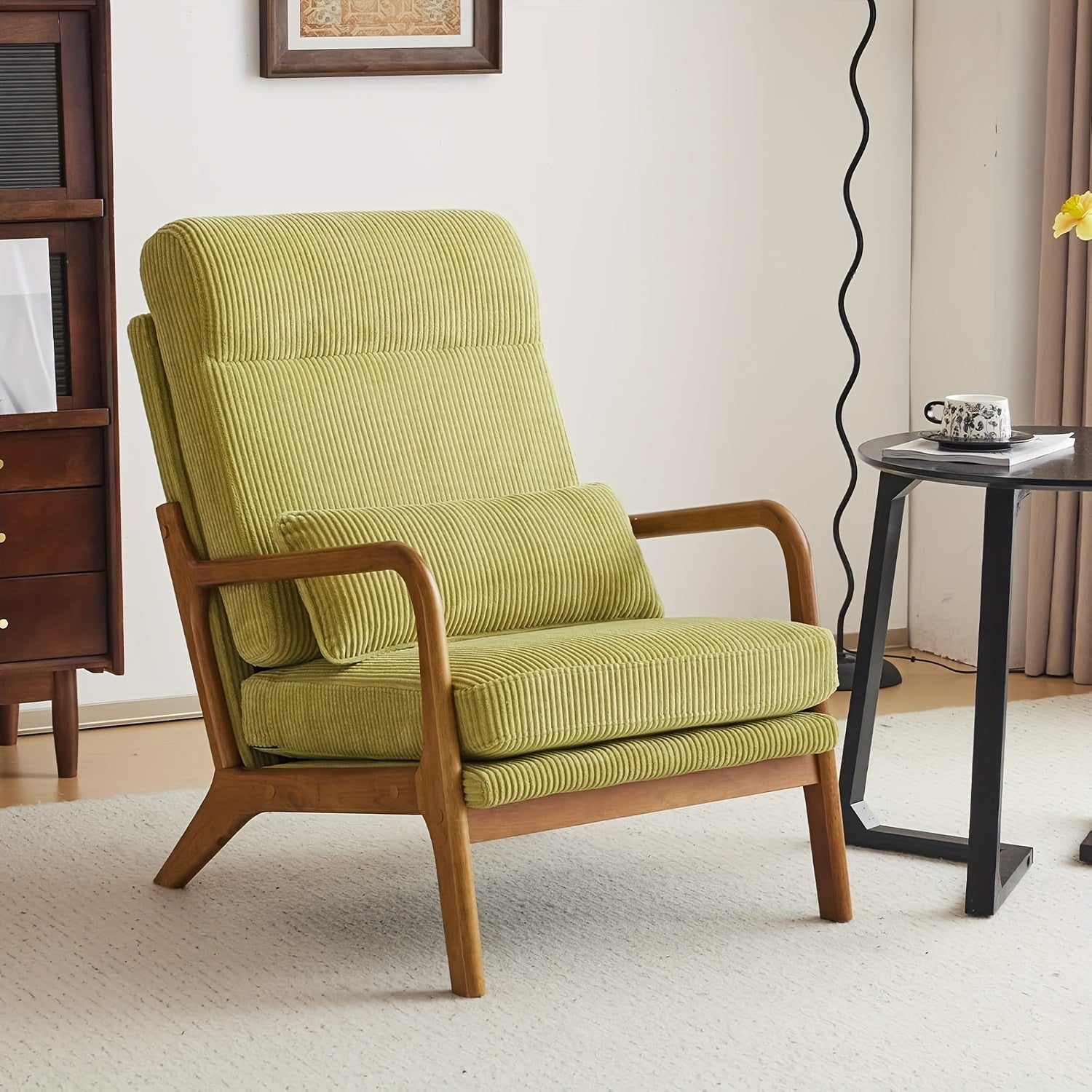 Mid-Century Modern Accent Chair, Living Room Chairs with Pillow Corduroy Upholstered Lounge Armchair with Solid Wood Frame & Soft Cushion for Bedroom, Reading Room, Low Back, 23.62\