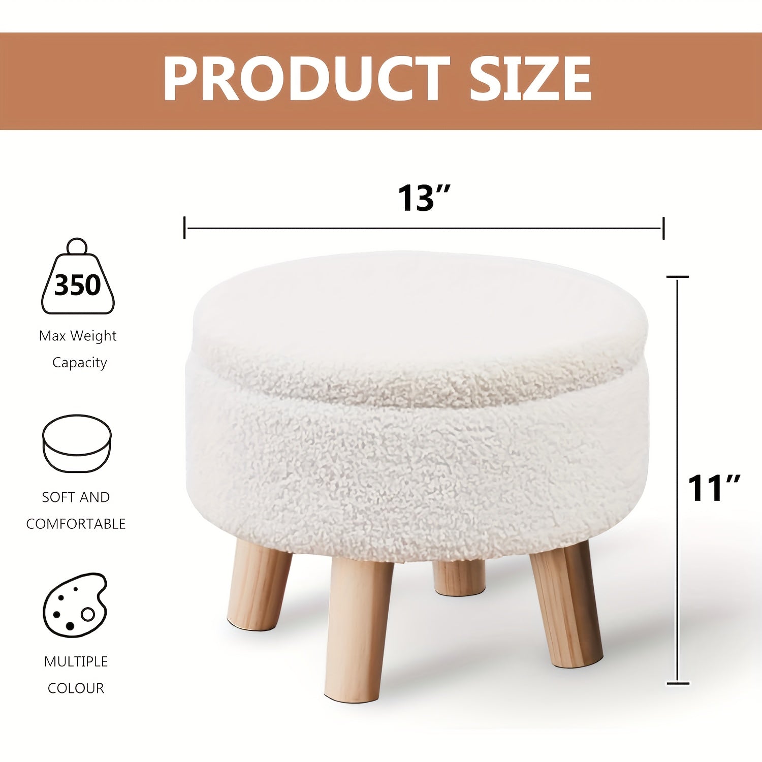Storage Ottoman, Modern Round with Soft Padded Teddy Velvet Seat & Wood Legs, Multifunctional Footrest Footstool Accent Table or Plant Stand, Suitable for Living Room Hallway Small Spaces, Space-Saving Furniture