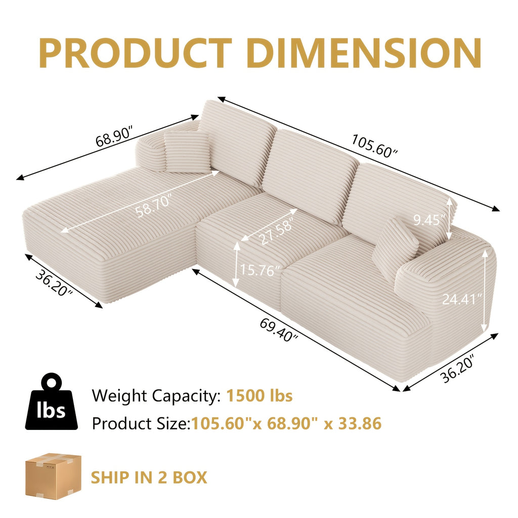 106-inch Luxury Cloud Sofa Set, L-shaped Large Sofa With A Comfortable Chaise Lounge, Boneless L-shaped Sofa Set, Suitable For Living Rooms, Deep-seat Minimalist Modular Sofa Bed, Ideal For Bedrooms And Apartment Lounges, Extra-large Sofa Set