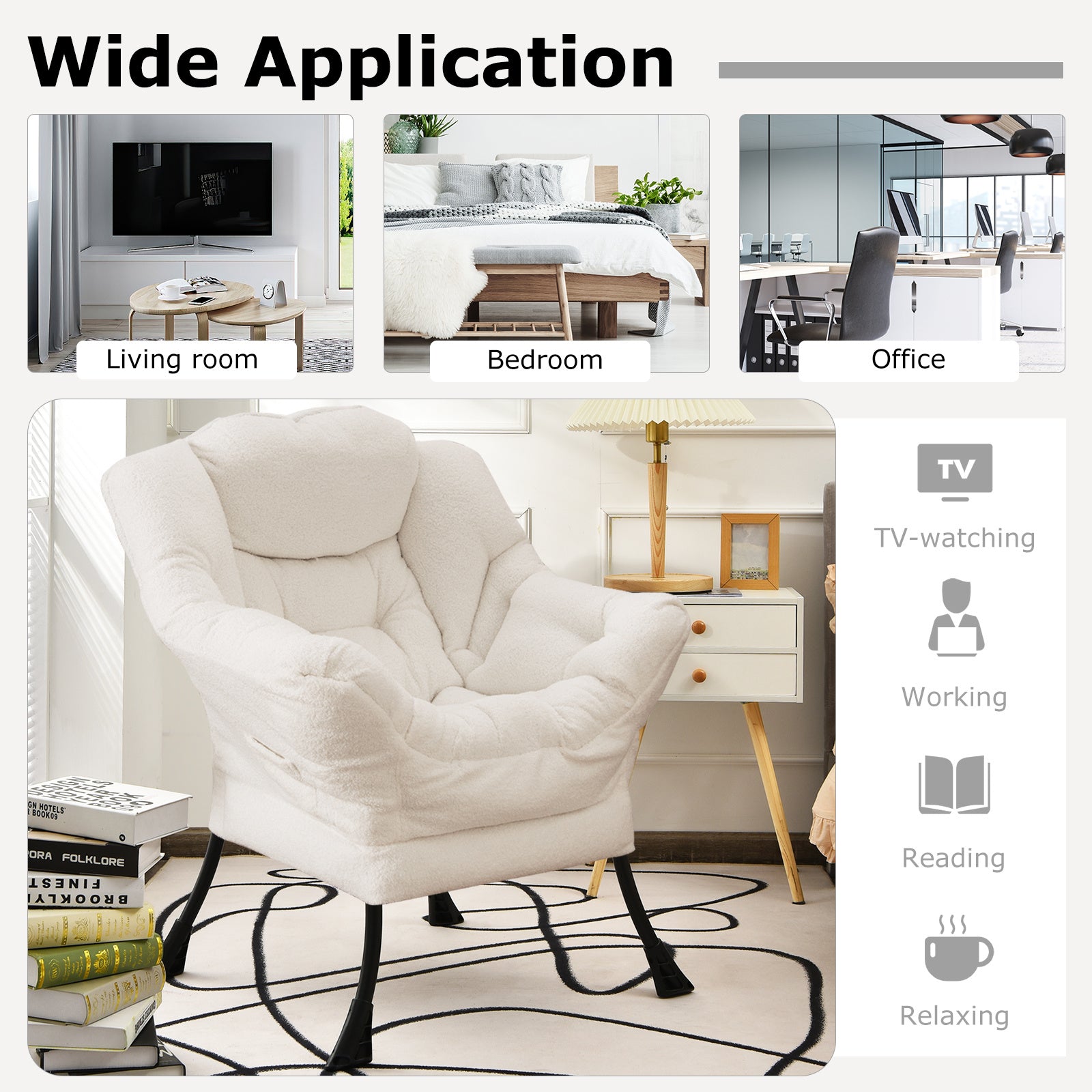 COSTWAY Sherpa Fabric Lazy Chair, Modern Accent Chair with Armrests & Side Pocket, Upholstered Lounge Reading Chair with Heavy-duty Metal Frame for Living Room Bedroom