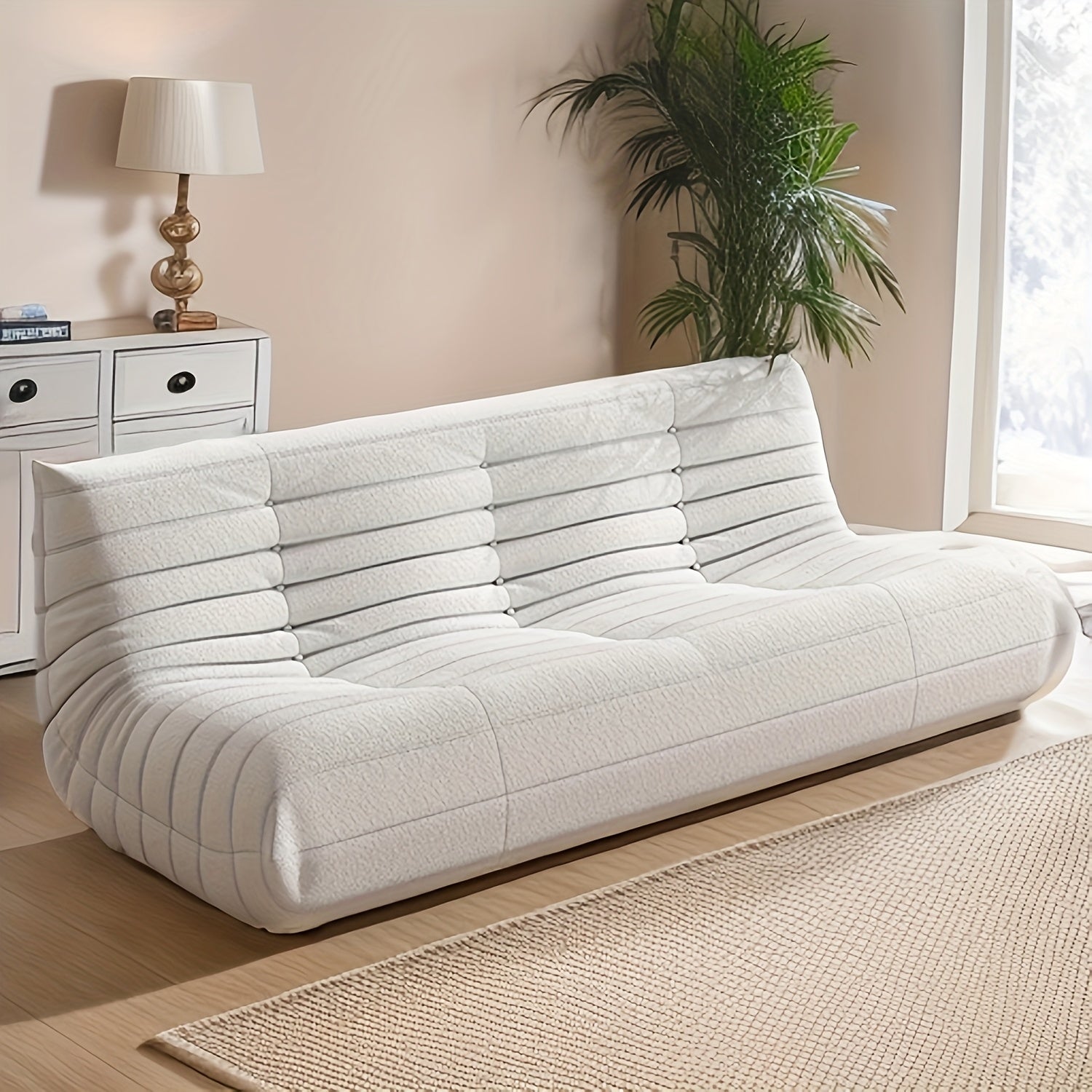 Triple Seat Teddy Fleece Minimalist Living Room Sofa | Tatami Floor, Modular Loveseat, Bedroom Reading Chair, Contemporary Style with Embellishment, Mixed Color