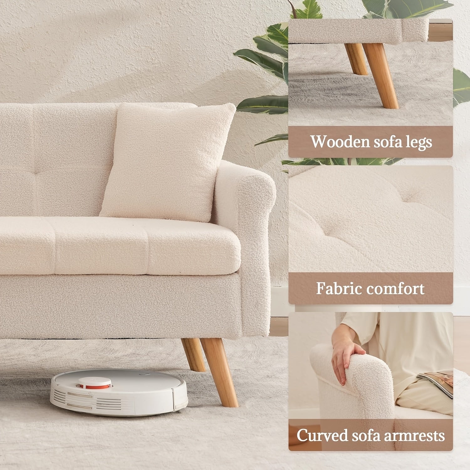 Loveseat Sofa, Beige Love Seat Couches With Throw Pillow, Boucle Small Sofa For Living Room, Bedroom, Office, Button Tufted Upholstered Furniture, Easy To Install