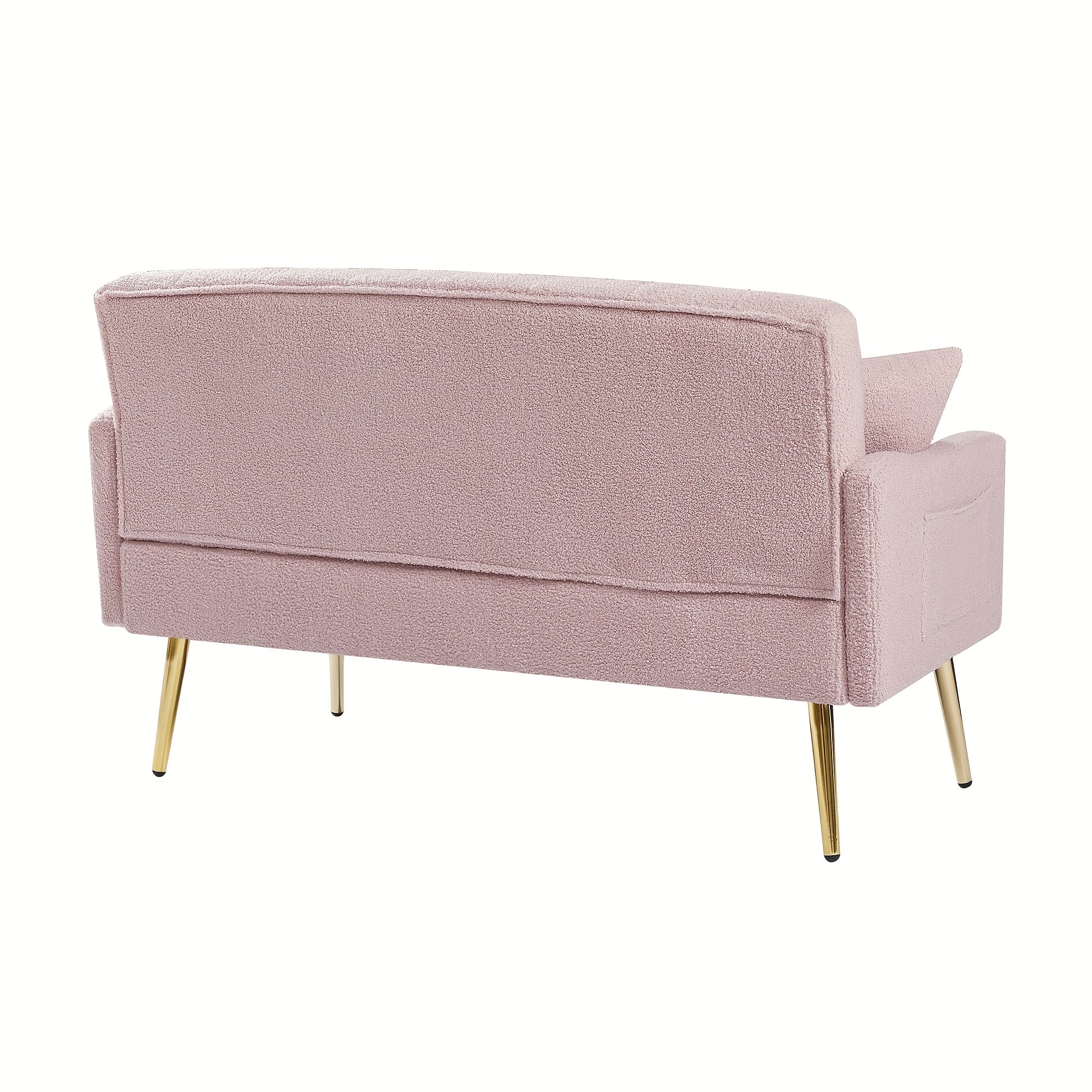 Chic Pink Tufted Loveseat Sofa with Golden Metal Legs & Hardwood Frame - Includes 2 Square Pillows, Side Pockets, and Modern Design for Living Room Comfort, Modern Loveseat | Tufted Upholstery | Decorative Stitching, Sofa for Living Room