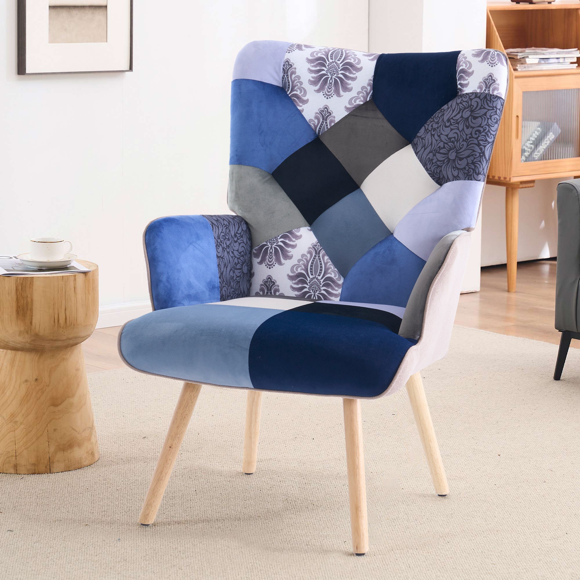 330lb Capacity Colorful Patchwork Modern Accent Chair - High Back Armchair with Memory Foam Cushion & Hardwood Legs, Linen Living Room, Bedroom, Home Office Chair - Easy Assembly, Neutral & Accent Colors - for Living Room, Reading Nook Decor