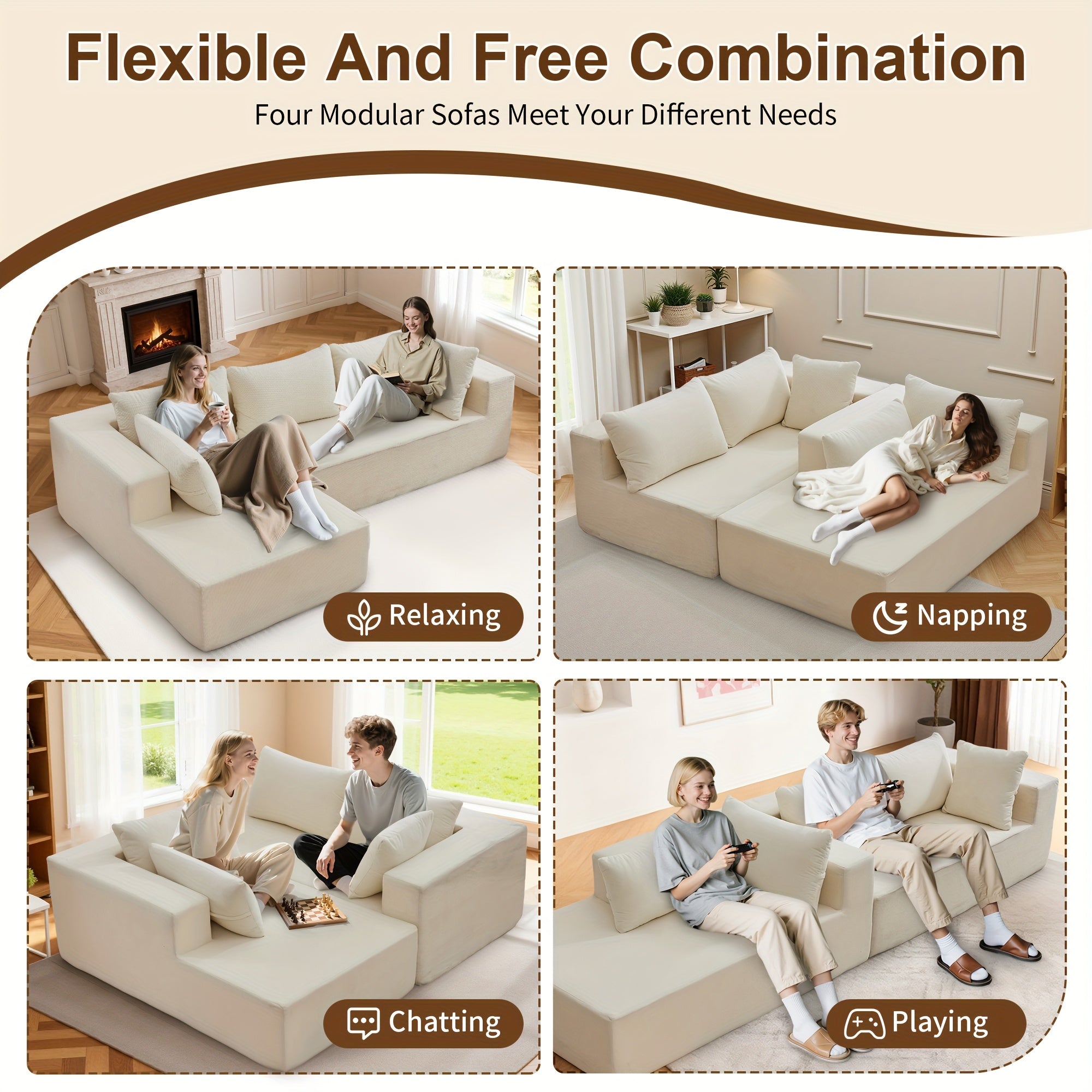 108-inch Living Room Chaise Lounge Sofa, 4 Combination Options, L-shaped Pure Foam Cloud Sofa Bed, Features Deep Seating And Multiple Throw Pillows, No Assembly Required Floor Sofa, Faux Velvet Material, Perfect for The Living Room, Christmas Gift.