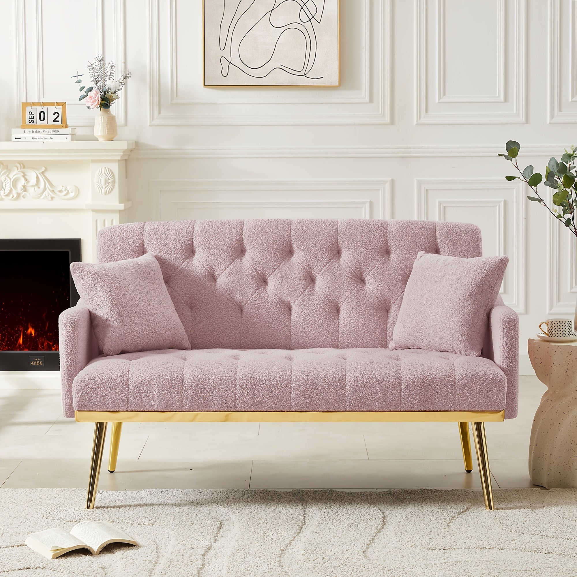 Chic Pink Tufted Loveseat Sofa with Golden Metal Legs & Hardwood Frame - Includes 2 Square Pillows, Side Pockets, and Modern Design for Living Room Comfort, Modern Loveseat | Tufted Upholstery | Decorative Stitching, Sofa for Living Room