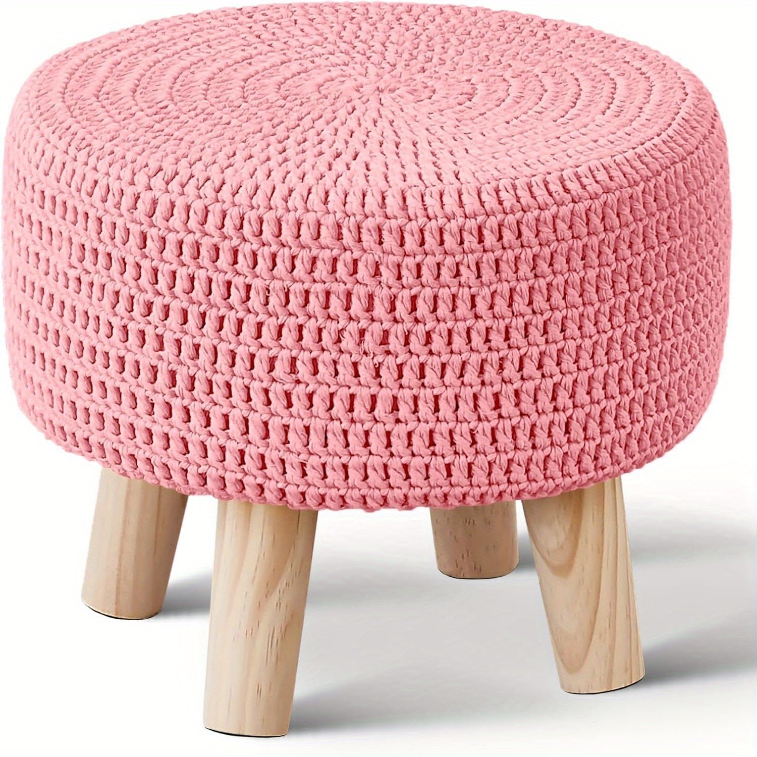 Small Ottomans, 100% Hand Knitted Pouf, Round Footrest with 4 Non-Skid Wood Legs, Boho Decor Cotton Rope Pouffe Beside Sofa, Leisure Floor Step Chair for Living Room
