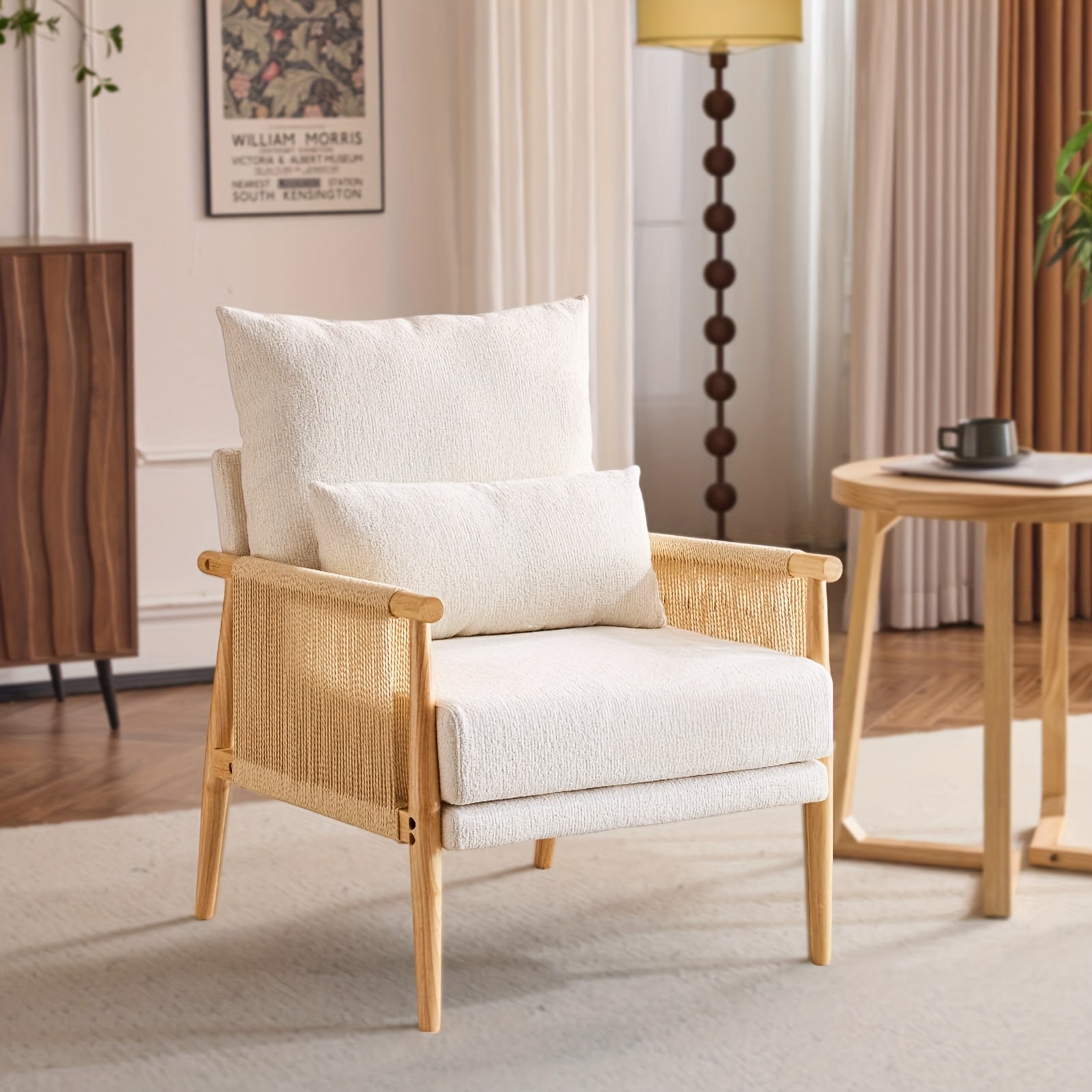 Bonnlo Mid-Century Modern Accent Chair with Solid Wooden Armrests & Waist Pillow - Foam-Padded Chenille Louge Armchair Suitable for, Reading Nook, Compact Spaces - Stylish Comfortable Armchair (No Assembly)