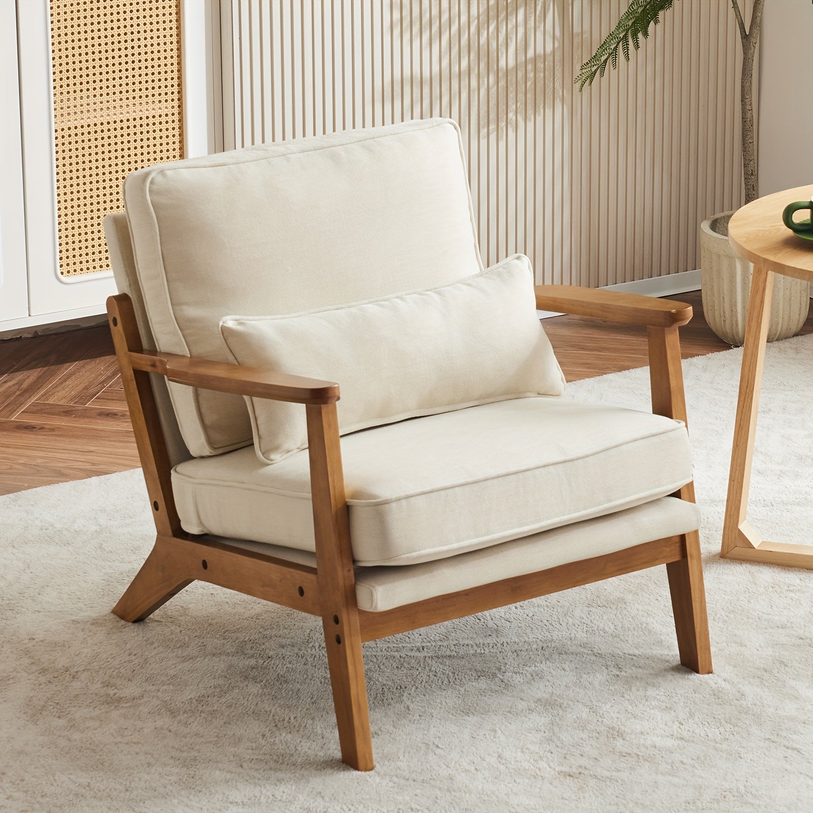 Bonnlo Wide Armrests Accent Chair, Mid Century Modern Chair with Pillow, Comfy Upholstered Chair Farmhouse Arm Chair