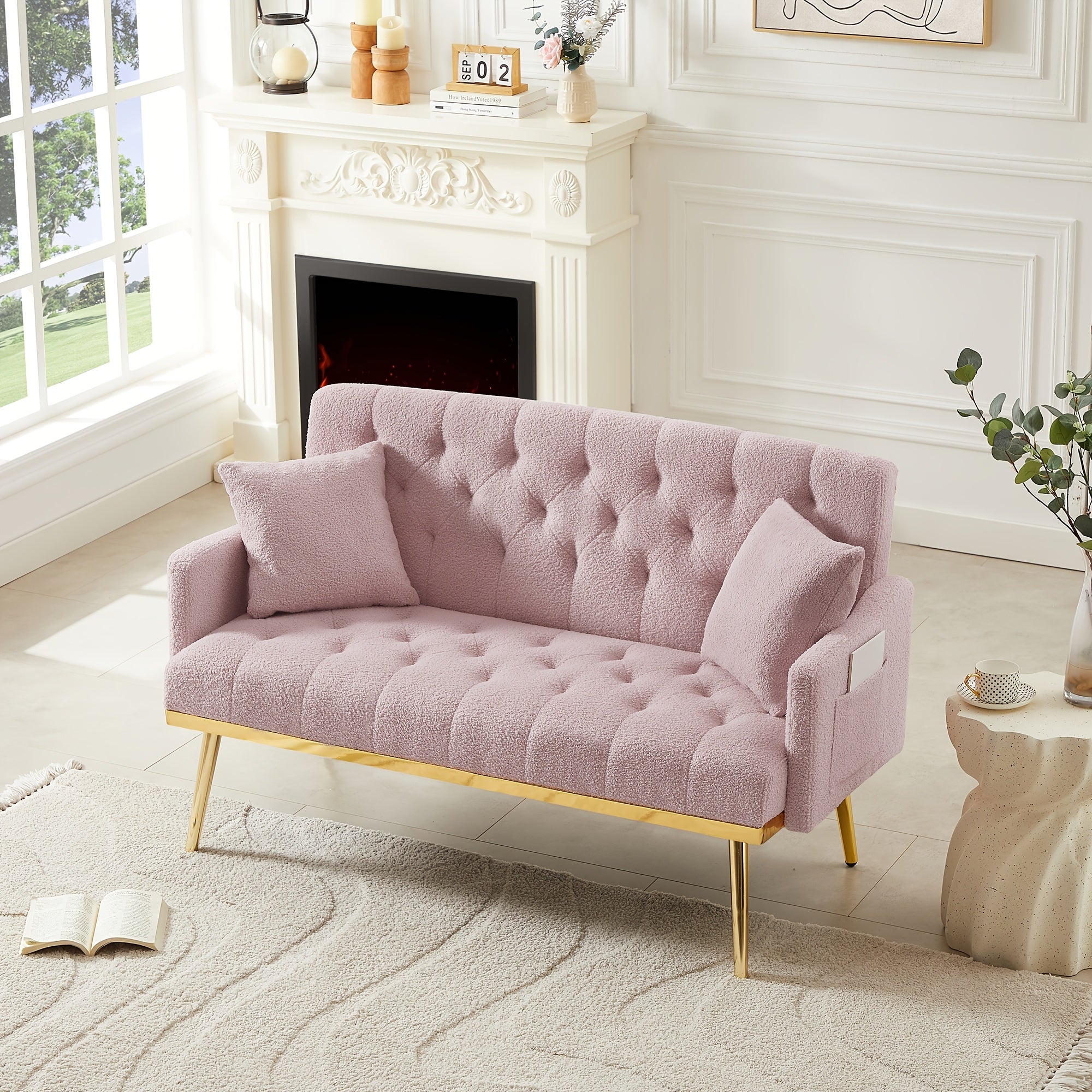 Chic Pink Tufted Loveseat Sofa with Golden Metal Legs & Hardwood Frame - Includes 2 Square Pillows, Side Pockets, and Modern Design for Living Room Comfort, Modern Loveseat | Tufted Upholstery | Decorative Stitching, Sofa for Living Room