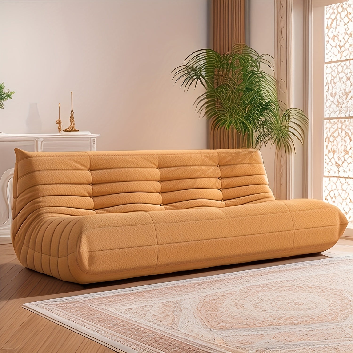 Triple Seat Teddy Fleece Minimalist Living Room Sofa | Tatami Floor, Modular Loveseat, Bedroom Reading Chair, Contemporary Style with Embellishment, Mixed Color