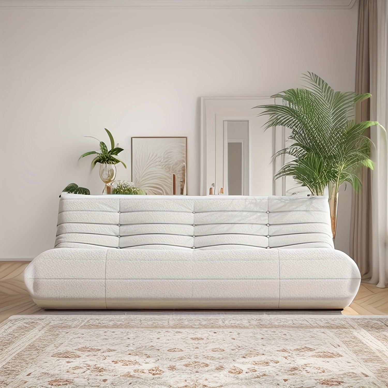 Triple Seat Teddy Fleece Minimalist Living Room Sofa | Tatami Floor, Modular Loveseat, Bedroom Reading Chair, Contemporary Style with Embellishment, Mixed Color