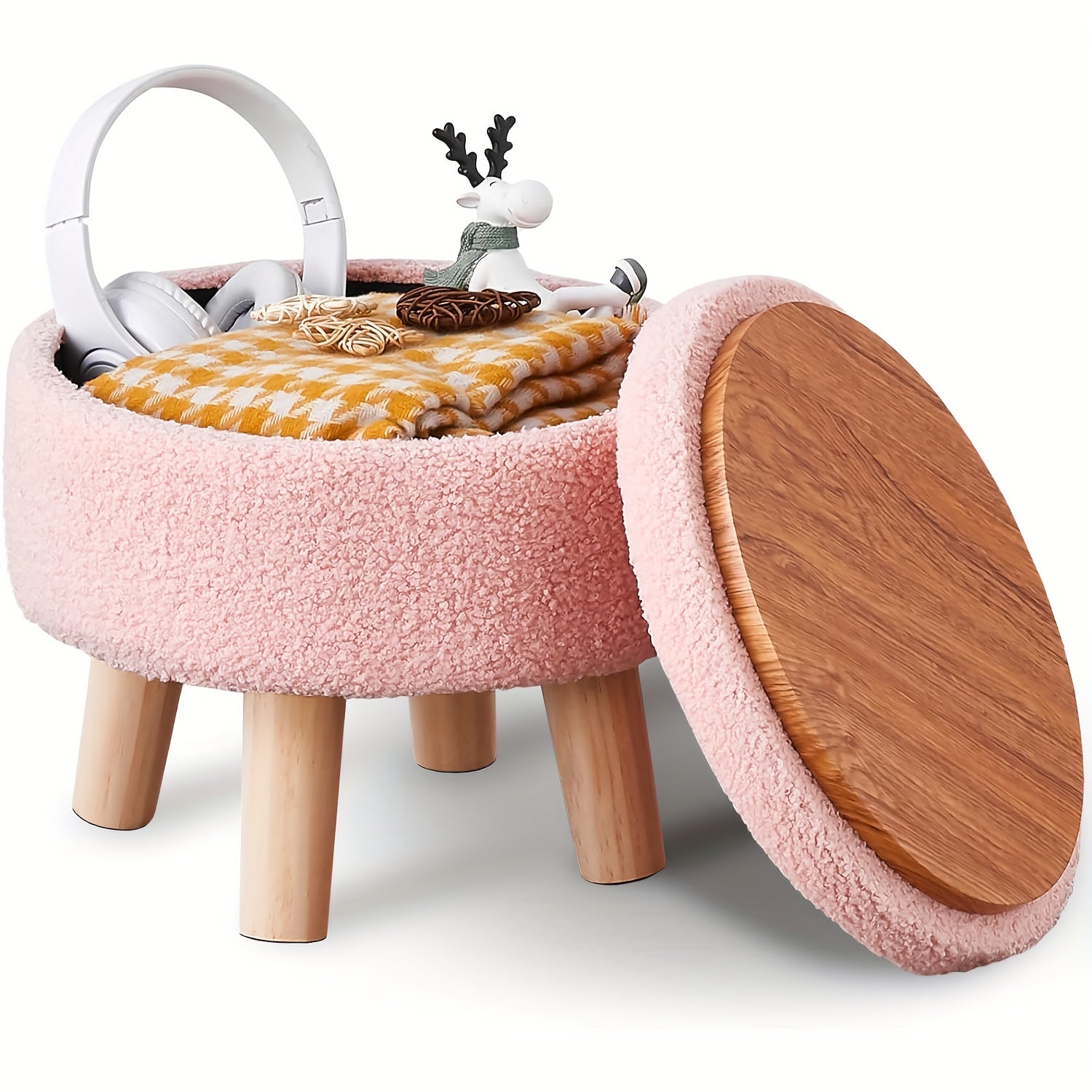 Storage Ottoman, Modern Round with Soft Padded Teddy Velvet Seat & Wood Legs, Multifunctional Footrest Footstool Accent Table or Plant Stand, Suitable for Living Room Hallway Small Spaces, Space-Saving Furniture