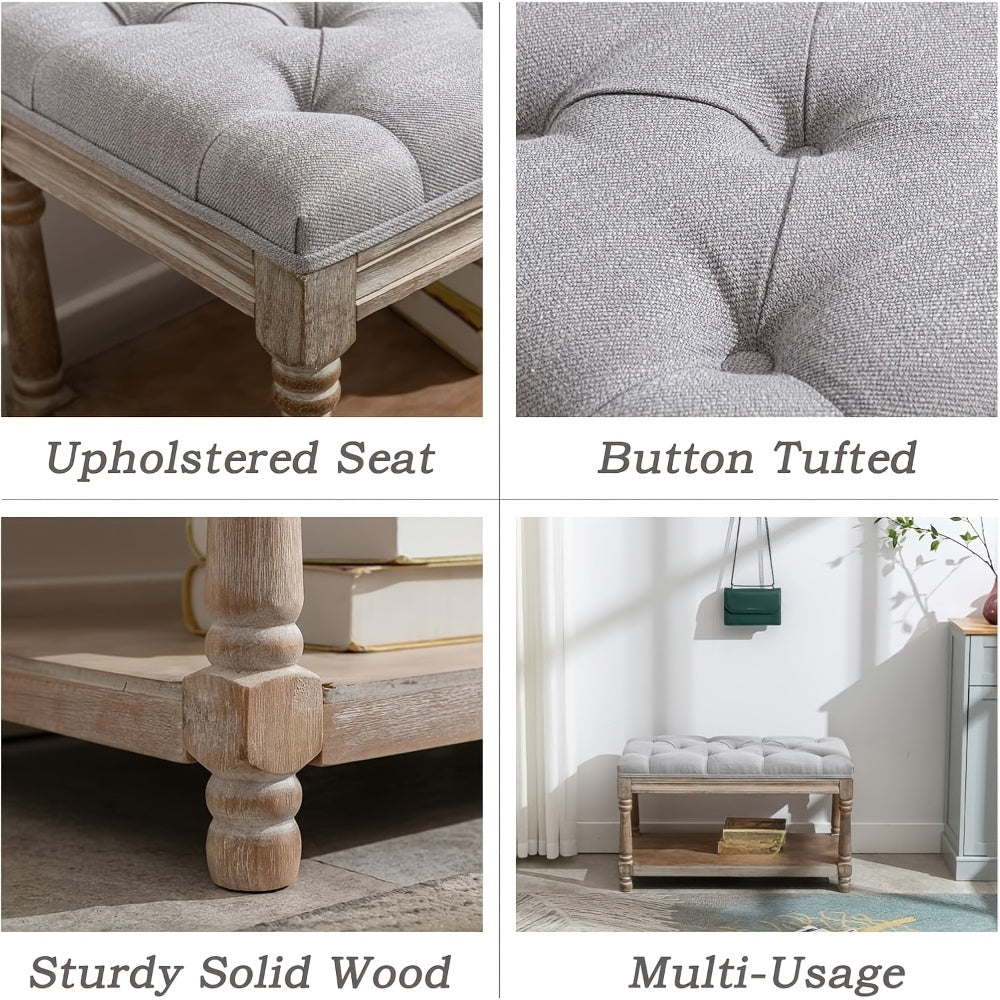 1Pc Farmhouse Plush Storage Linen Fabric Bench with Shelf Entrance, Shoe Changing Footstool, Suitable for Bedroom\u002F living Room, 31.5 Inches Wide