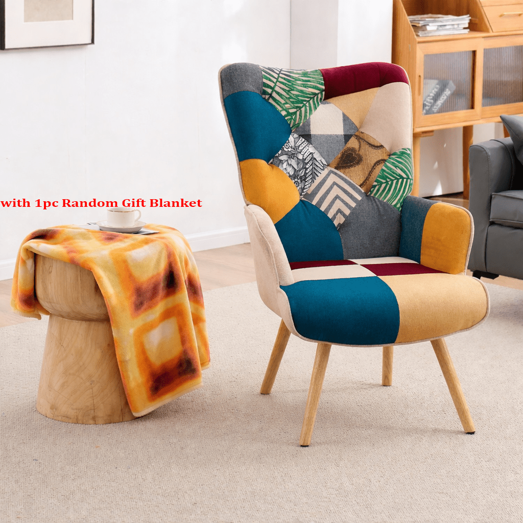330lb Capacity Colorful Patchwork Modern Accent Chair - High Back Armchair with Memory Foam Cushion & Hardwood Legs, Linen Living Room, Bedroom, Home Office Chair - Easy Assembly, Neutral & Accent Colors - for Living Room, Reading Nook Decor