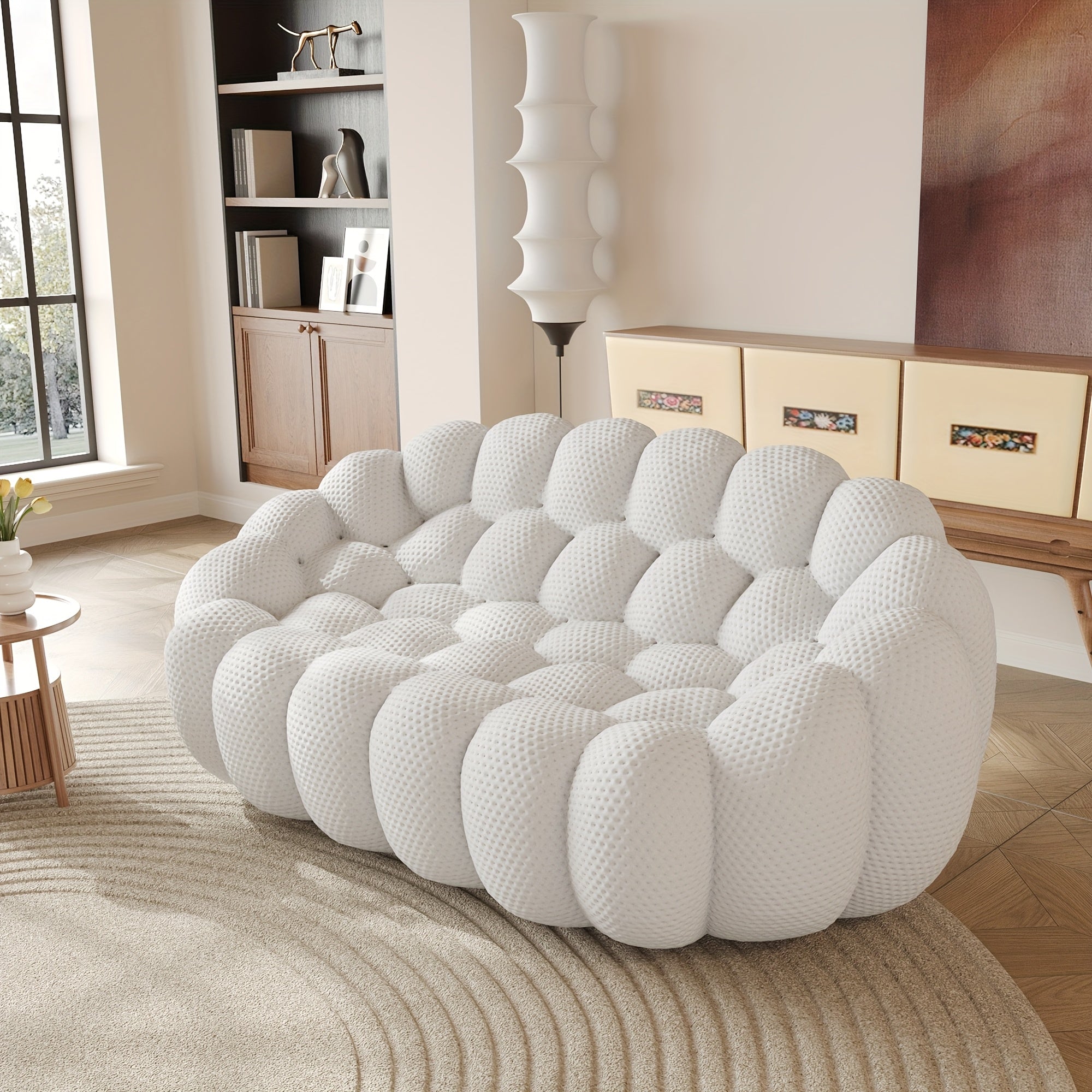 98'' Modern Upholstered Curved Sofa, 3 Seater Mesh Fabric Floor Sofa, 3D Honeycomb Shape Curved Couch for Living Room