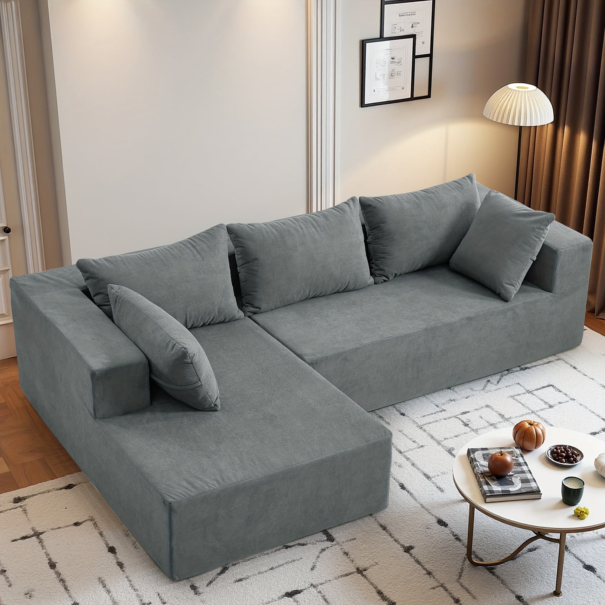 108-inch Living Room Chaise Lounge Sofa, 4 Combination Options, L-shaped Pure Foam Cloud Sofa Bed, Features Deep Seating And Multiple Throw Pillows, No Assembly Required Floor Sofa, Faux Velvet Material, Perfect for The Living Room, Christmas Gift.